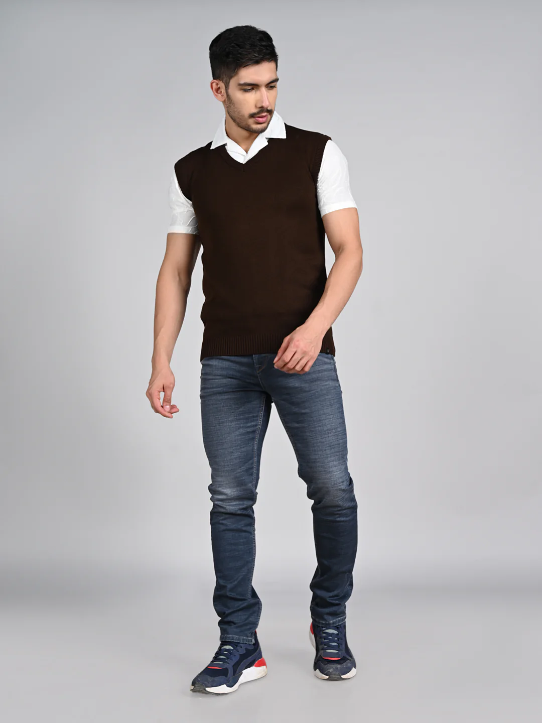 Killer Men V Neck Sleeveless Brown Sweaters - Image 3