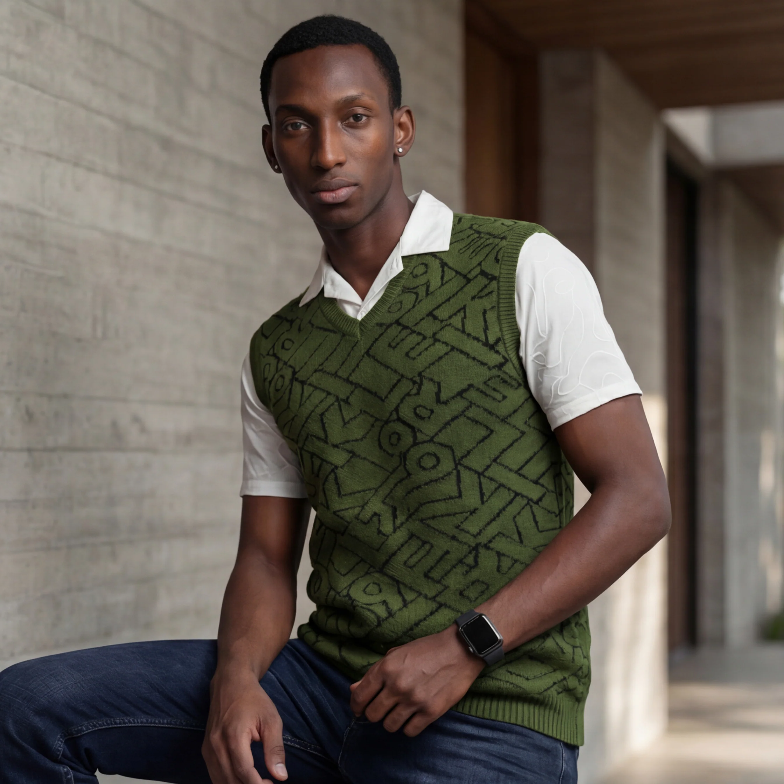 Killer Men V Neck Sleeveless Dark Olive Sweaters - Image 2