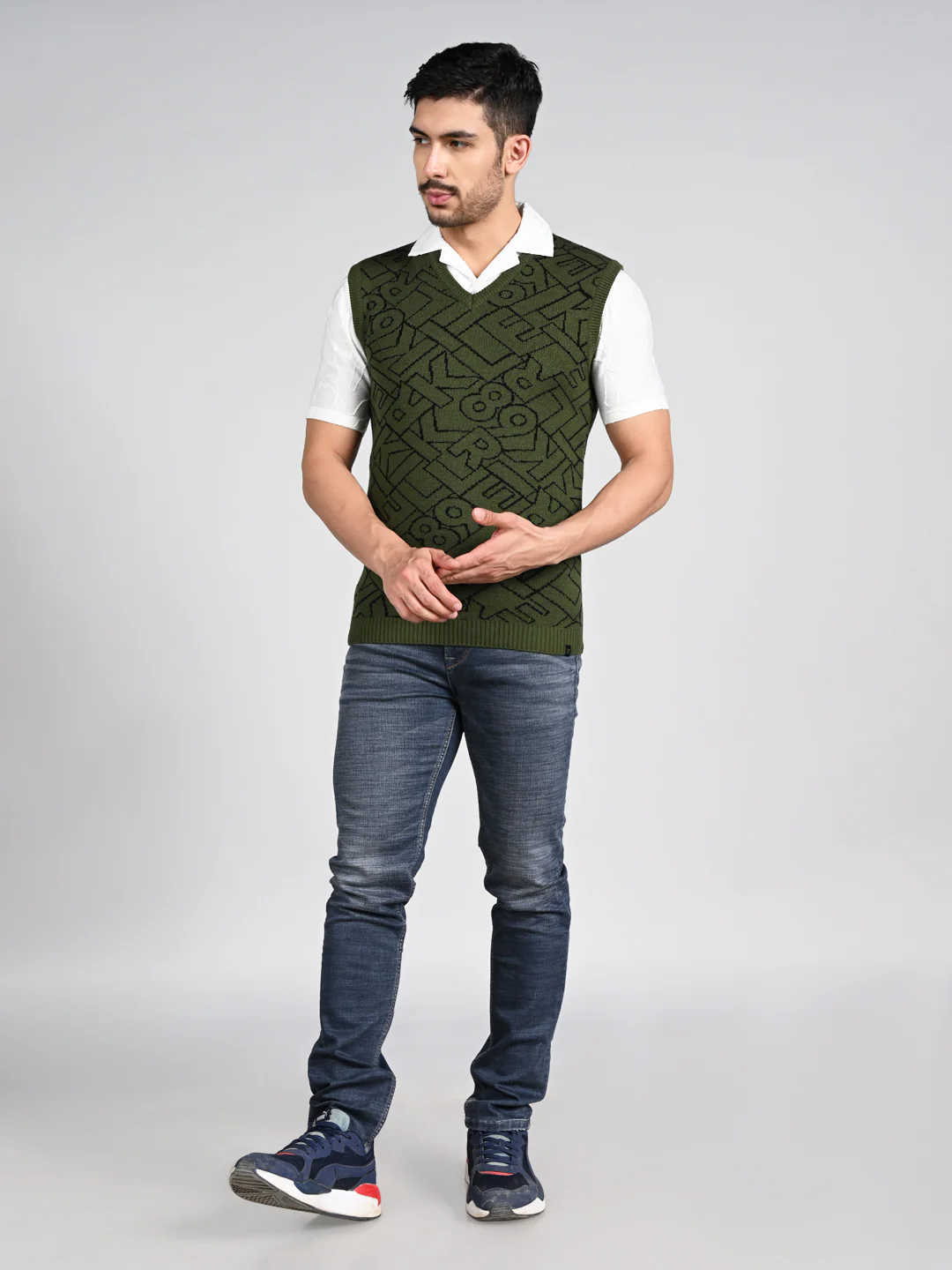 Killer Men V Neck Sleeveless Dark Olive Sweaters - Image 3