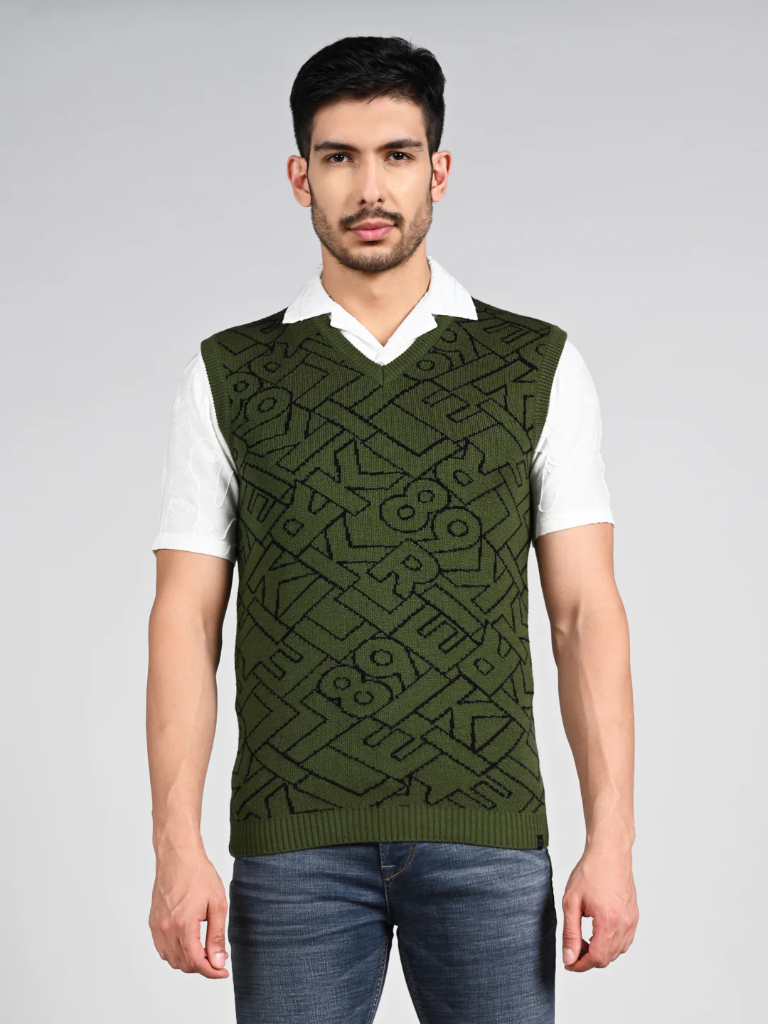 Killer Men V Neck Sleeveless Dark Olive Sweaters - Image 4