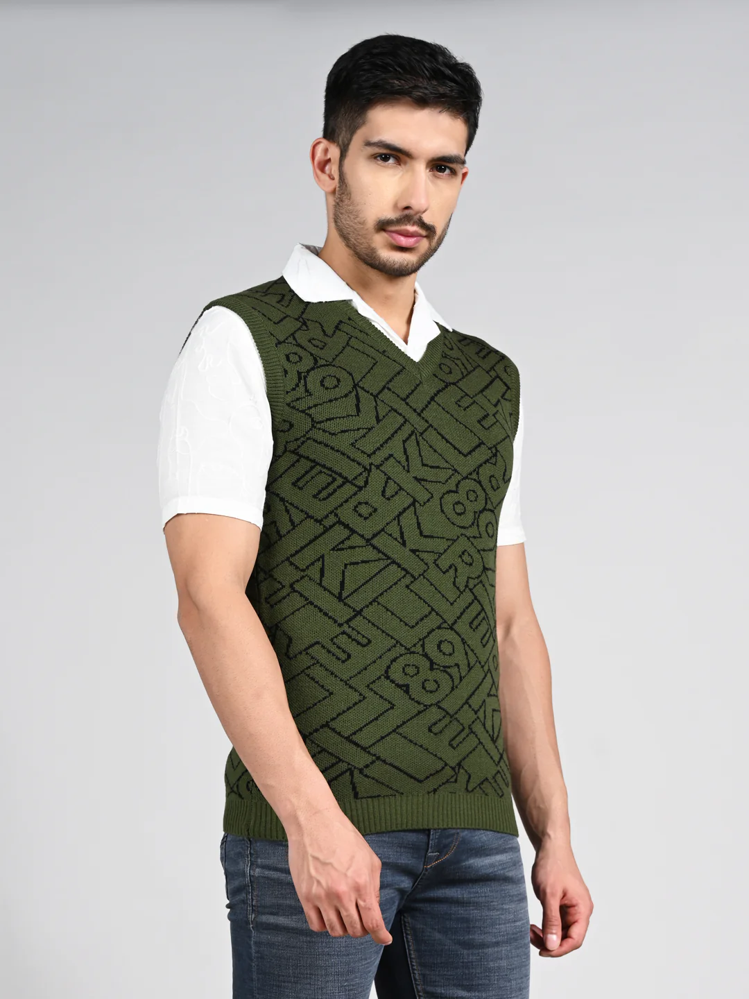 Killer Men V Neck Sleeveless Dark Olive Sweaters - Image 5