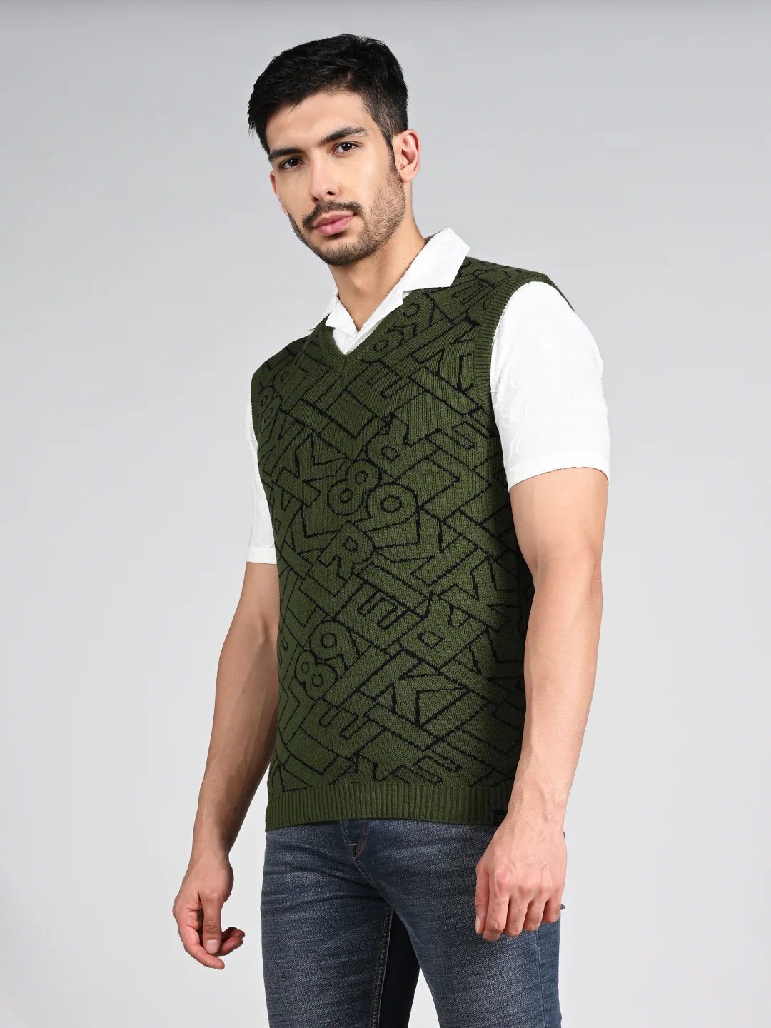 Killer Men V Neck Sleeveless Dark Olive Sweaters - Image 6