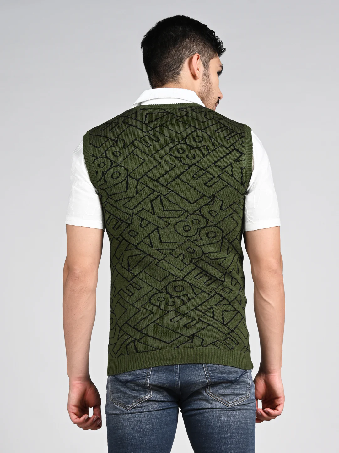 Killer Men V Neck Sleeveless Dark Olive Sweaters - Image 7