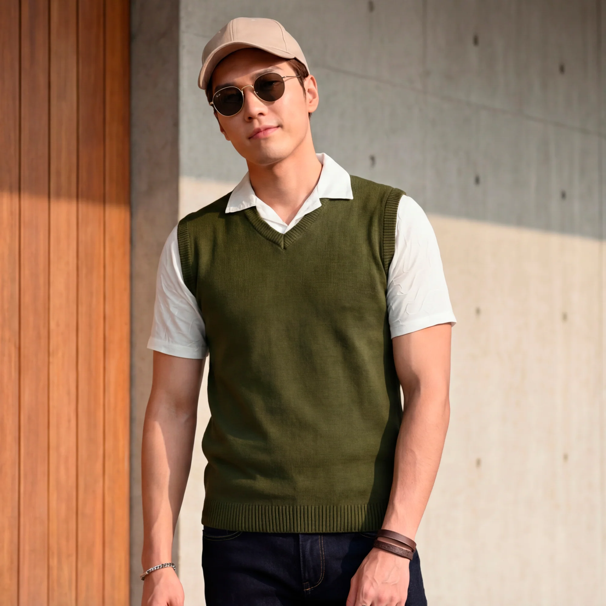 Killer Men V Neck Sleeveless Olive Sweaters - Image 2