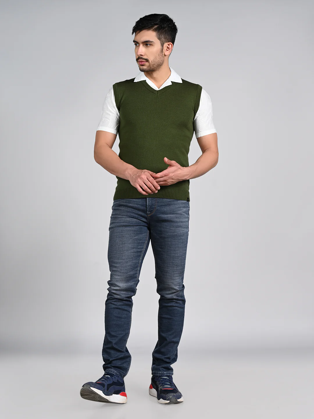 Killer Men V Neck Sleeveless Olive Sweaters - Image 3