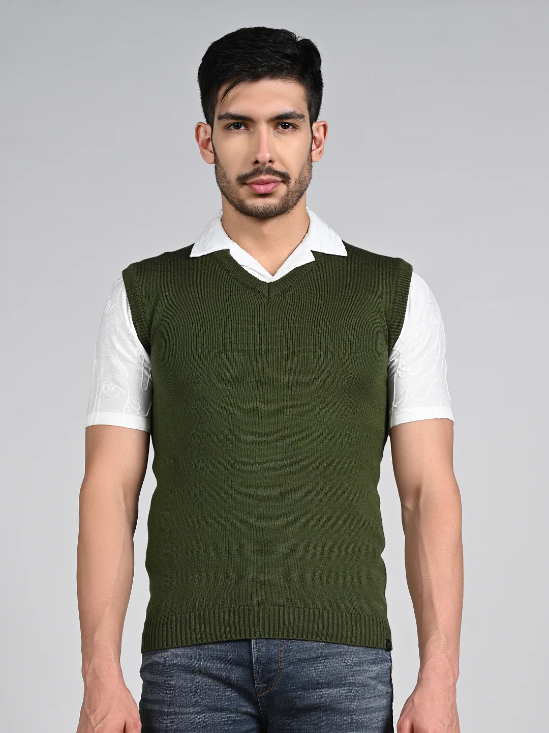 Killer Men V Neck Sleeveless Olive Sweaters - Image 4
