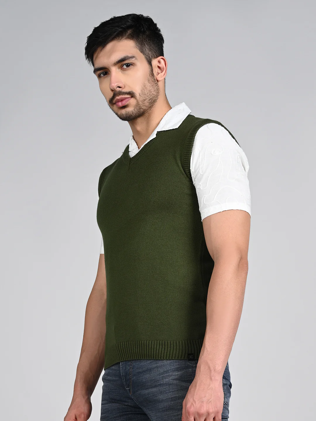 Killer Men V Neck Sleeveless Olive Sweaters - Image 5