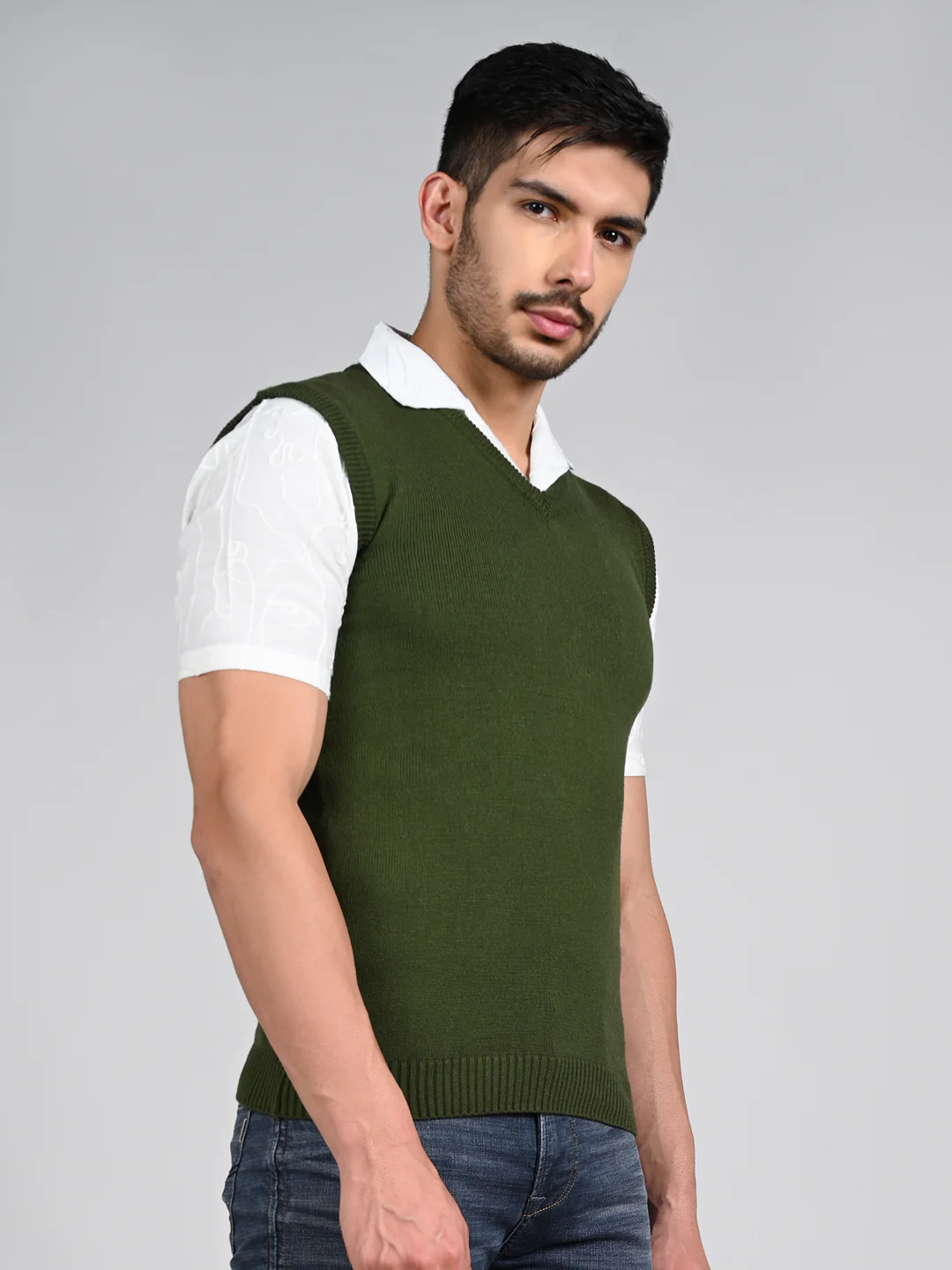 Killer Men V Neck Sleeveless Olive Sweaters - Image 6