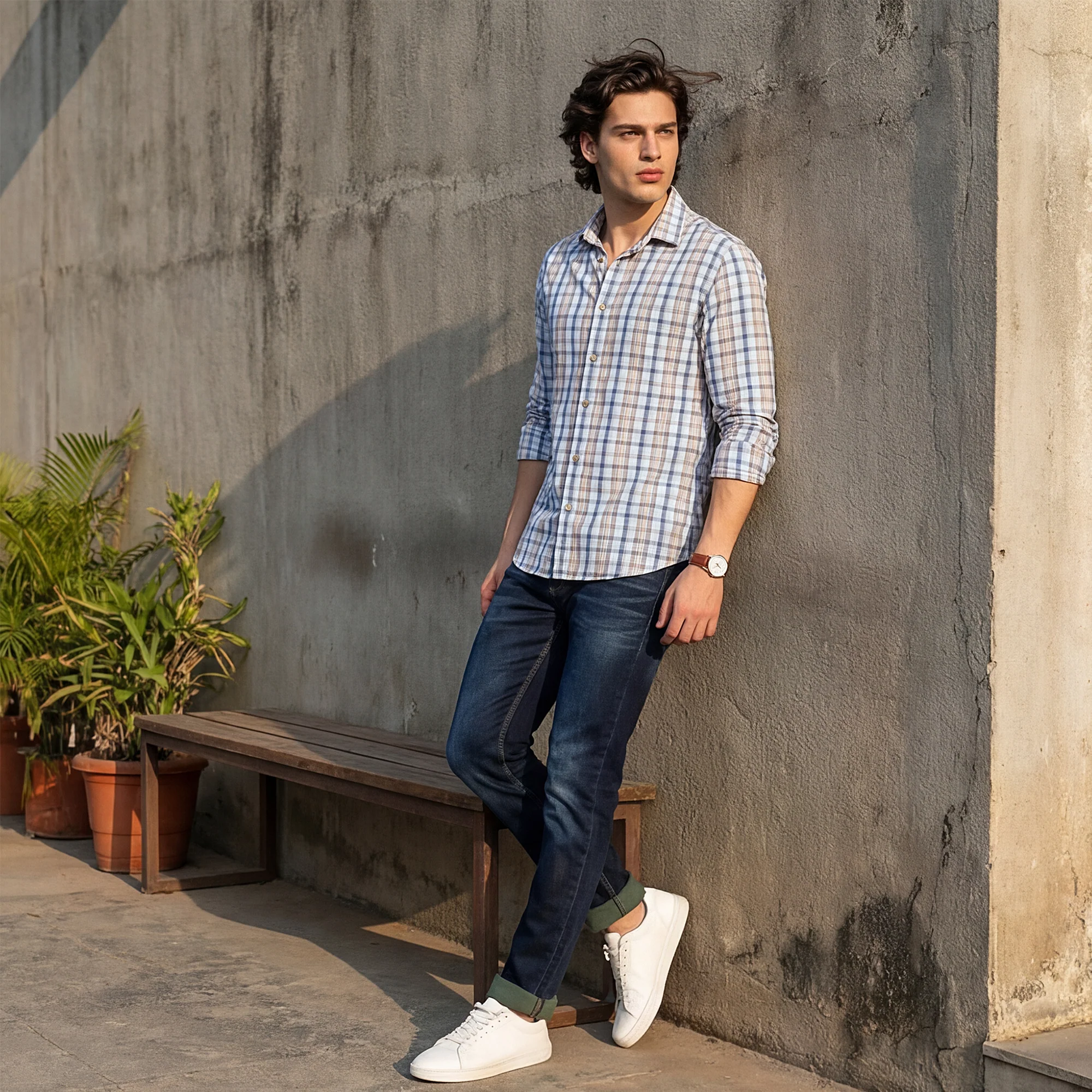 Full Sleeves Slim Fit White Classic Checks Shirt