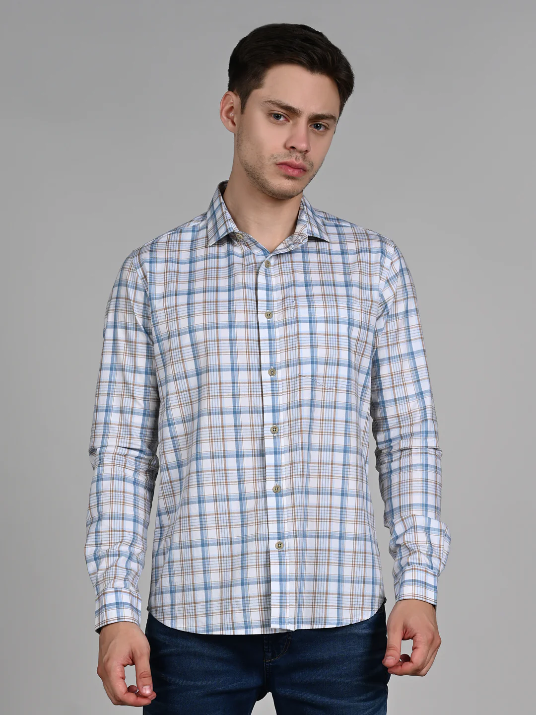 Full Sleeves Slim Fit White Classic Checks Shirt - Image 4