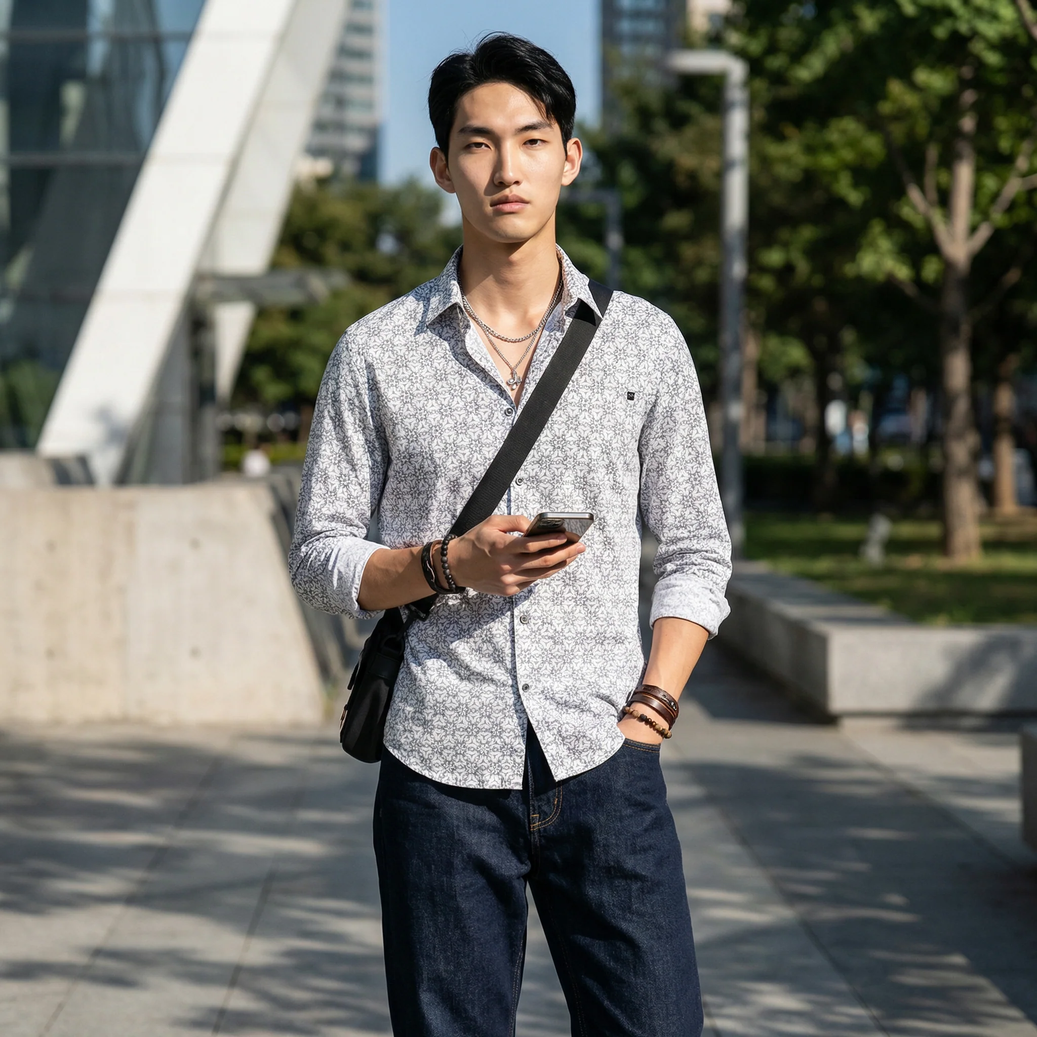 Full Sleeves Slim Fit Blue All Over Monogram Floral Satin Solid Shirt - Image 2