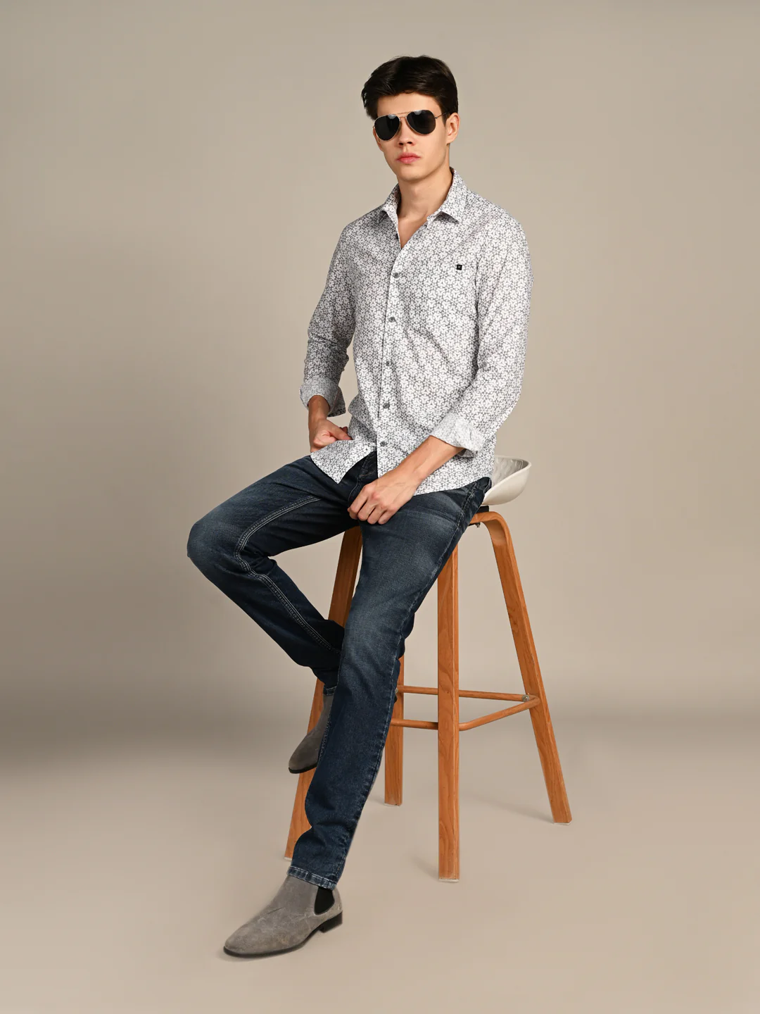 Full Sleeves Slim Fit Blue All Over Monogram Floral Satin Solid Shirt - Image 3