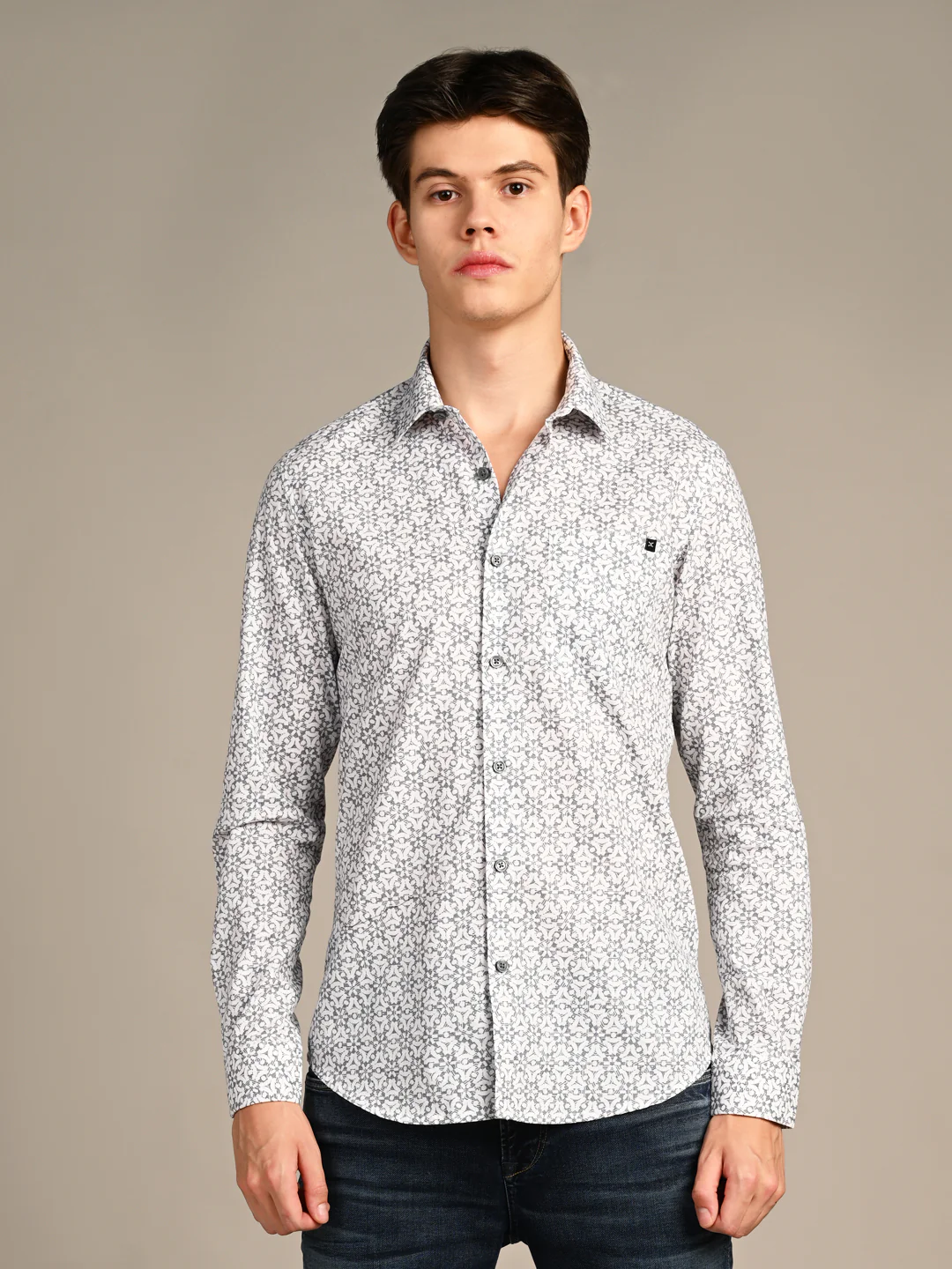 Full Sleeves Slim Fit Blue All Over Monogram Floral Satin Solid Shirt - Image 4