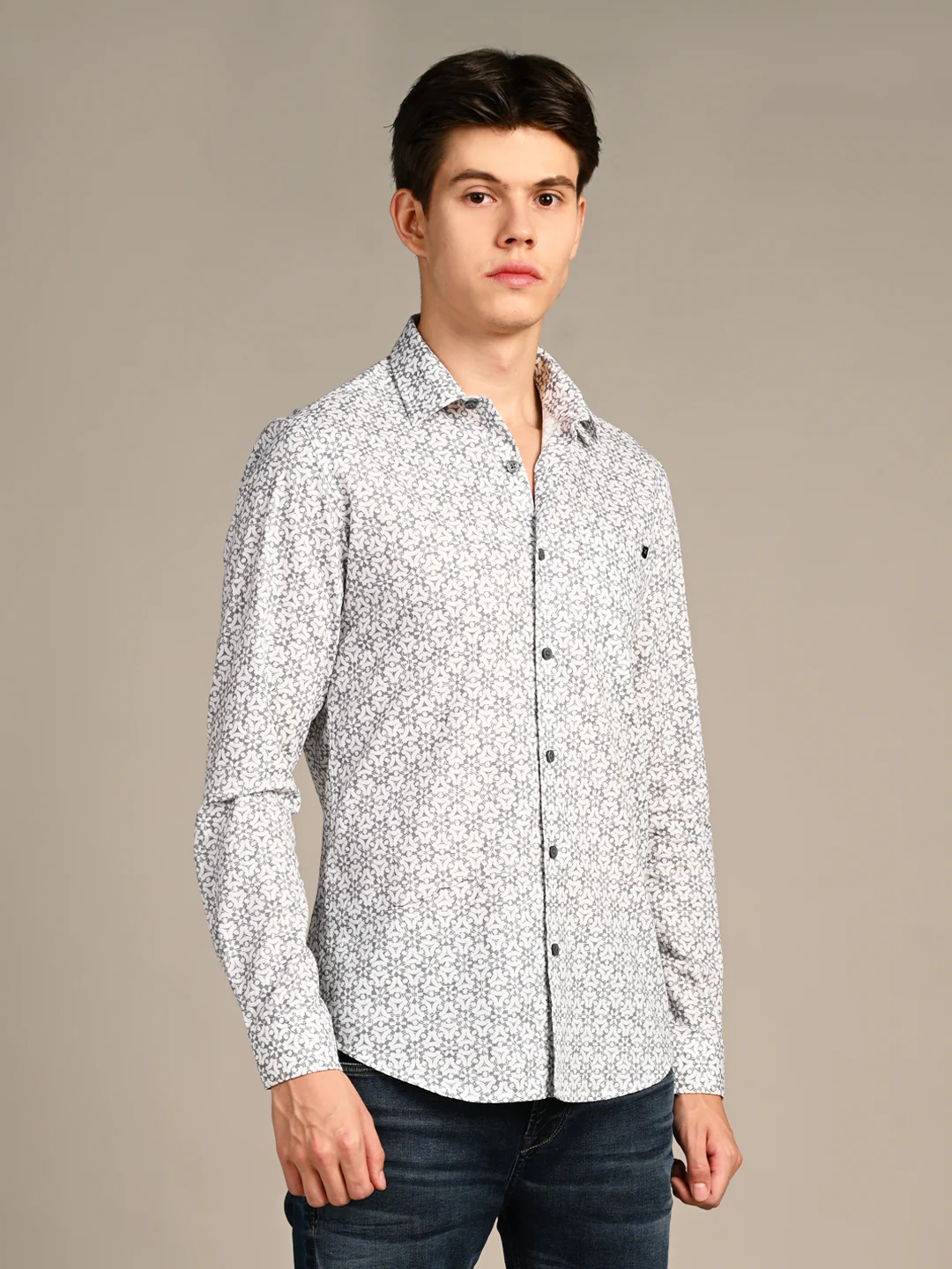 Full Sleeves Slim Fit Blue All Over Monogram Floral Satin Solid Shirt - Image 5