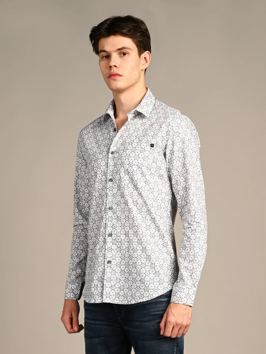 Full Sleeves Slim Fit Blue All Over Monogram Floral Satin Solid Shirt - Image 6
