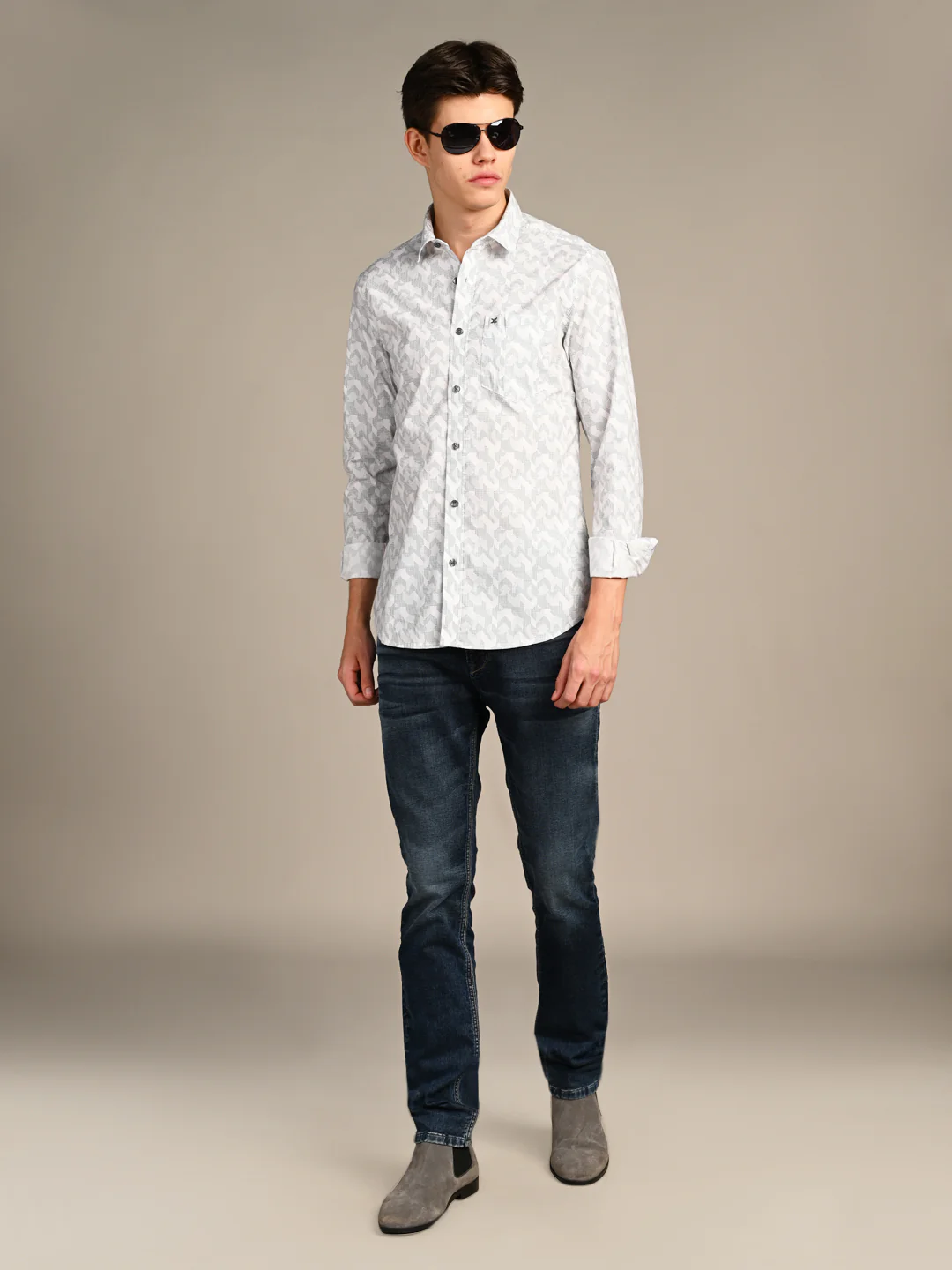 Full Sleeves SlimFit White All-Over Abstract Geometric Print Shirt - Image 3