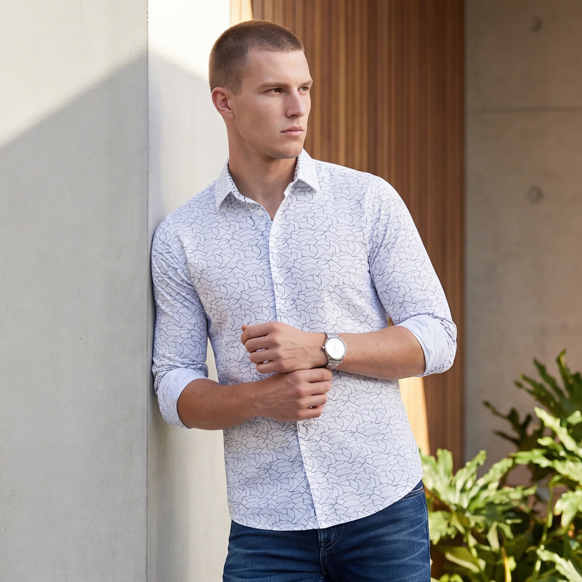 Full sleeves Slim Fit White Abstract Linear Geometric Print Shirt - Image 2
