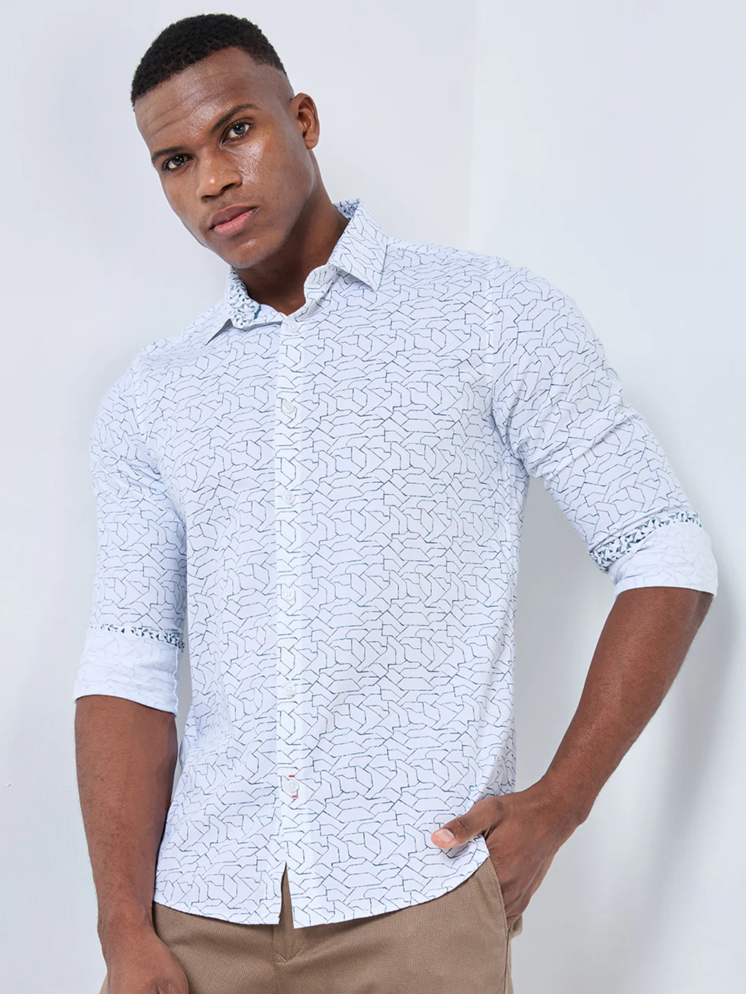 Full sleeves Slim Fit White Abstract Linear Geometric Print Shirt - Image 4