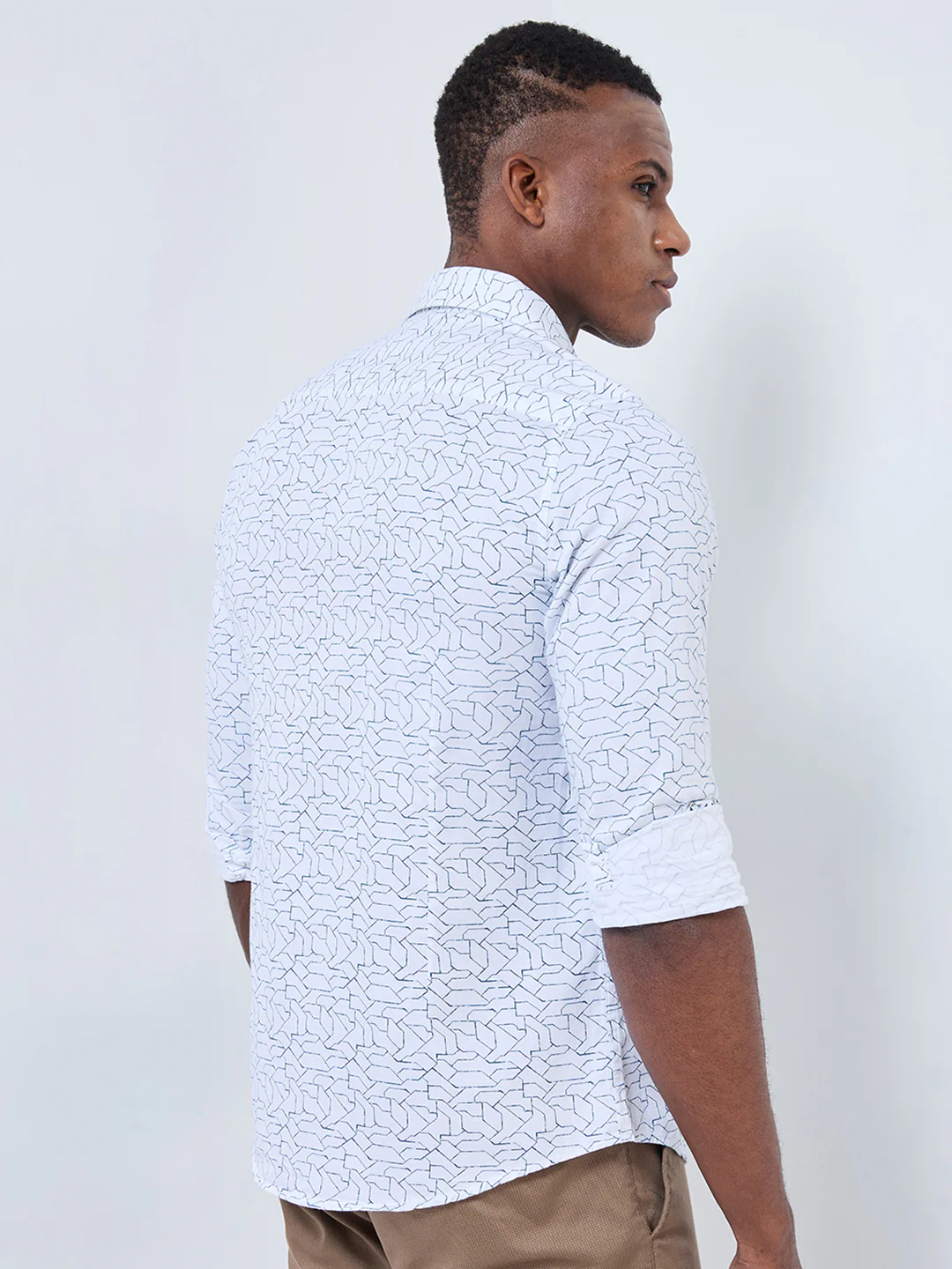 Full sleeves Slim Fit White Abstract Linear Geometric Print Shirt - Image 5