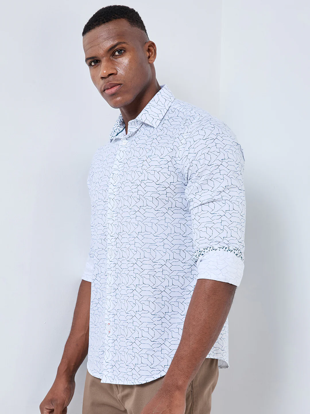 Full sleeves Slim Fit White Abstract Linear Geometric Print Shirt - Image 6