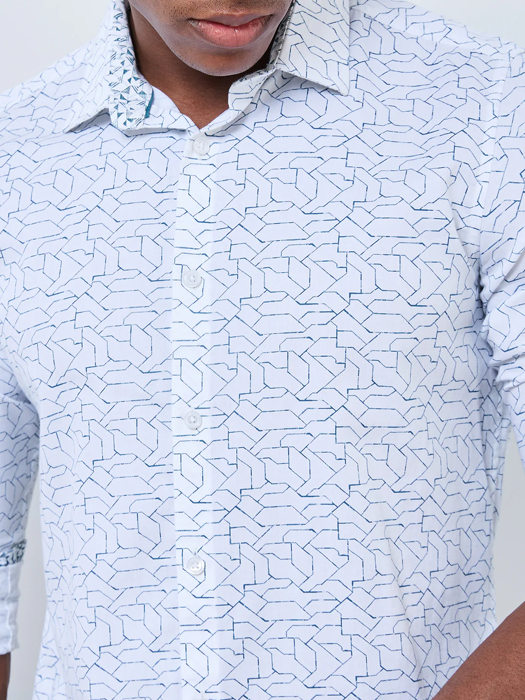 Full sleeves Slim Fit White Abstract Linear Geometric Print Shirt - Image 7