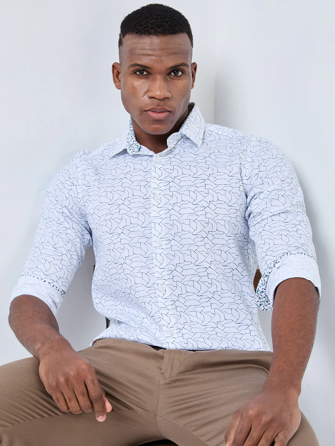 Full sleeves Slim Fit White Abstract Linear Geometric Print Shirt - Image 8