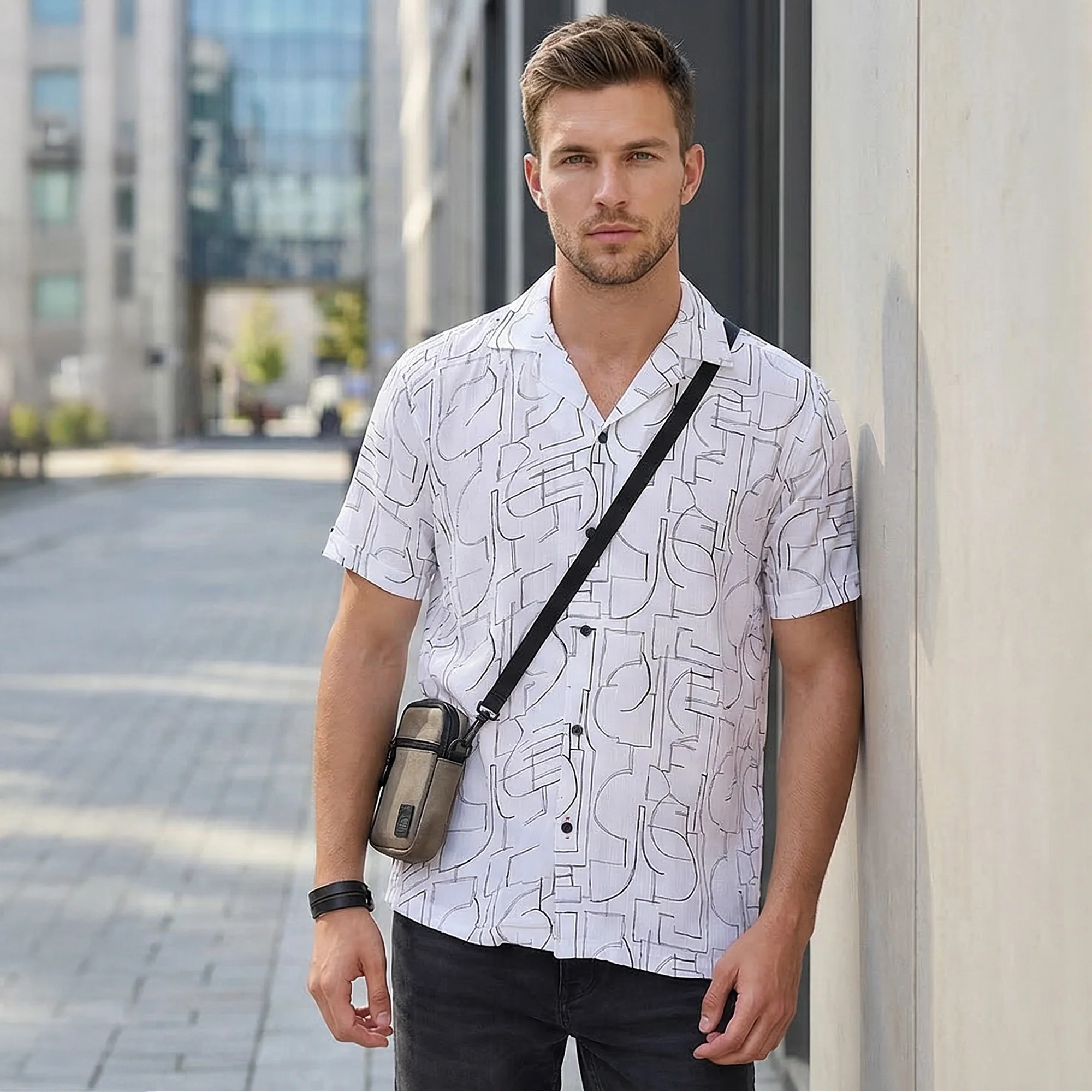 Half Sleeves Regular Fit White Abstract line-art pattern High-Twisted Cuban Collar Print Shirt - Image 2