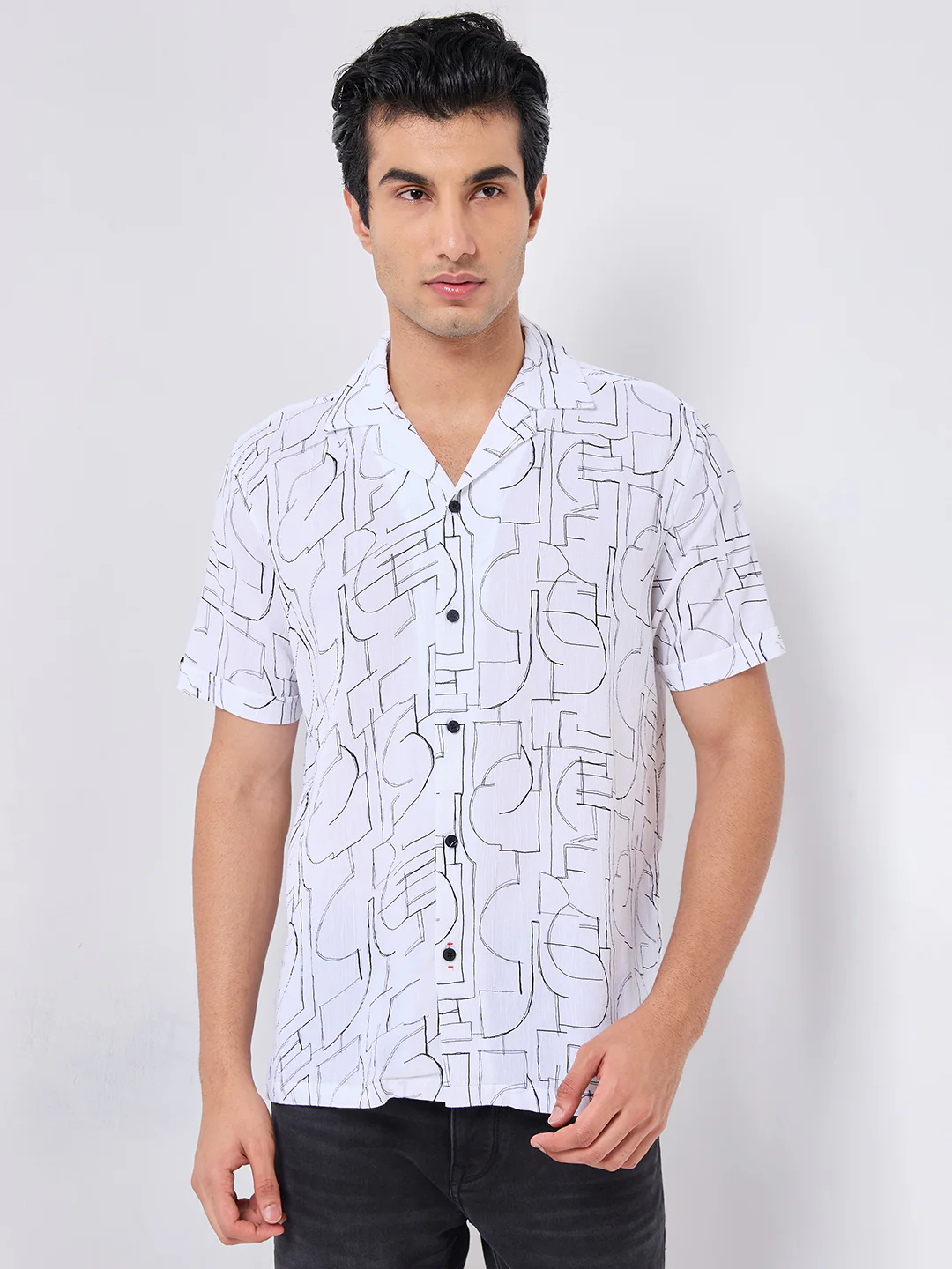 Half Sleeves Regular Fit White Abstract line-art pattern High-Twisted Cuban Collar Print Shirt - Image 3