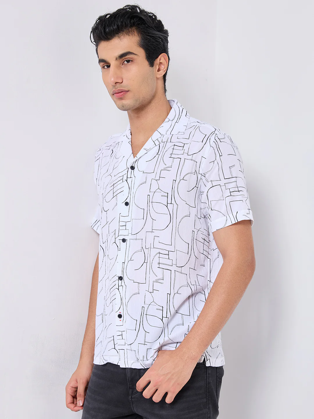 Half Sleeves Regular Fit White Abstract line-art pattern High-Twisted Cuban Collar Print Shirt - Image 6
