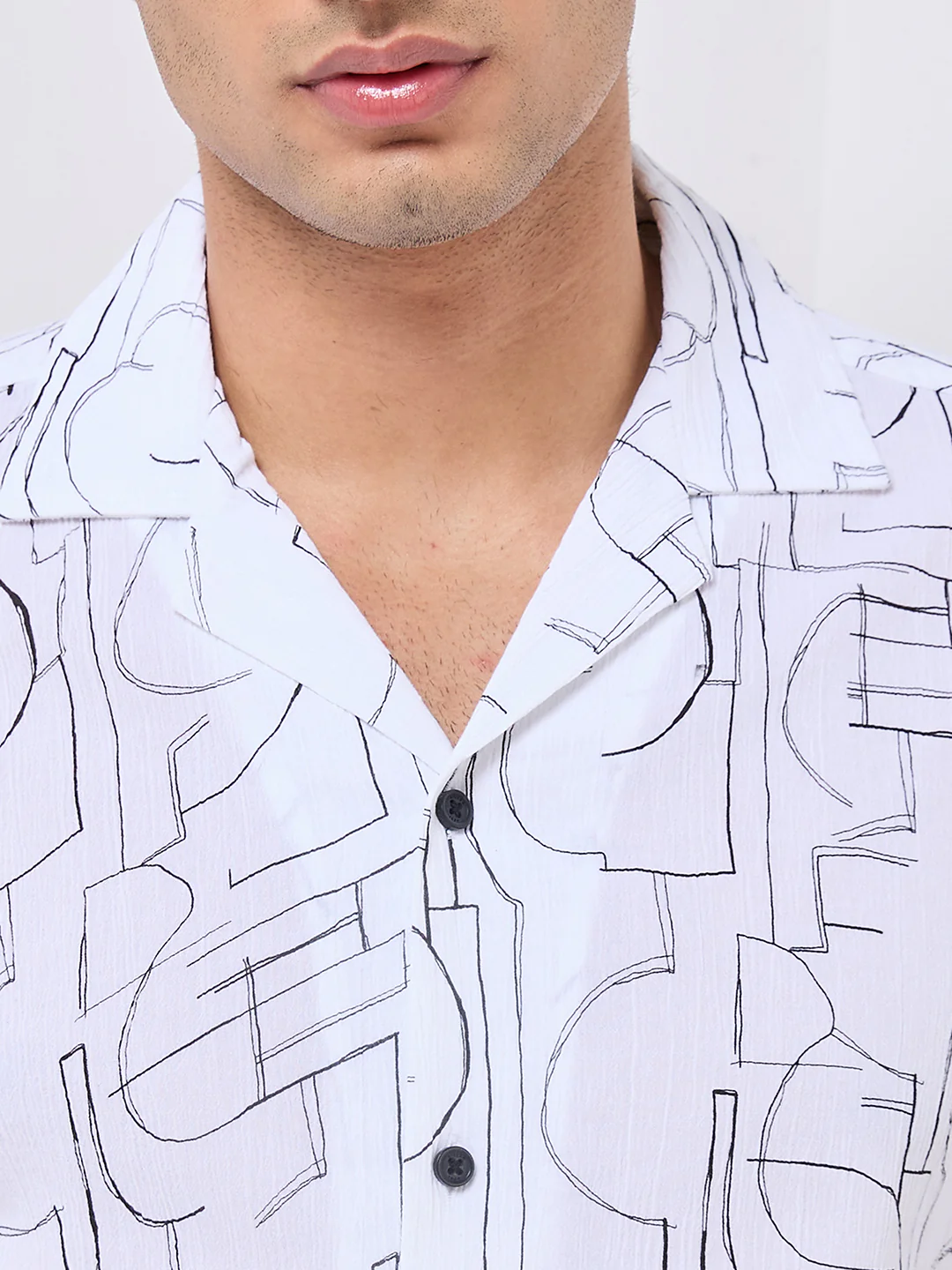 Half Sleeves Regular Fit White Abstract line-art pattern High-Twisted Cuban Collar Print Shirt - Image 7