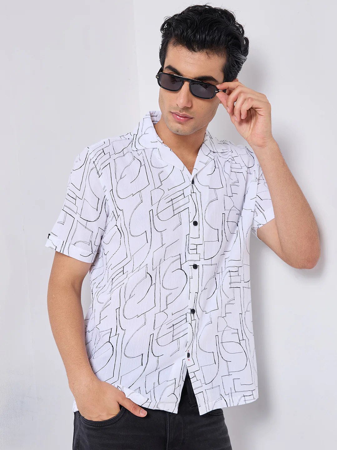 Half Sleeves Regular Fit White Abstract line-art pattern High-Twisted Cuban Collar Print Shirt - Image 8