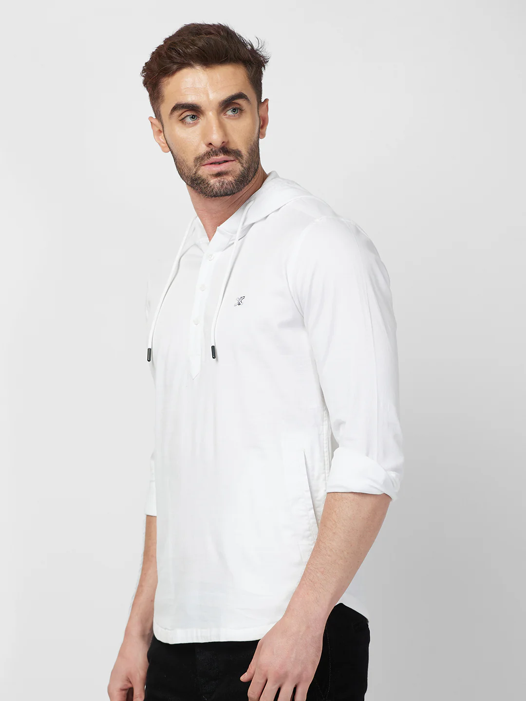 Full sleeves Slim Fit White Kurta Placket Hoodie Solid Shirt - Image 4