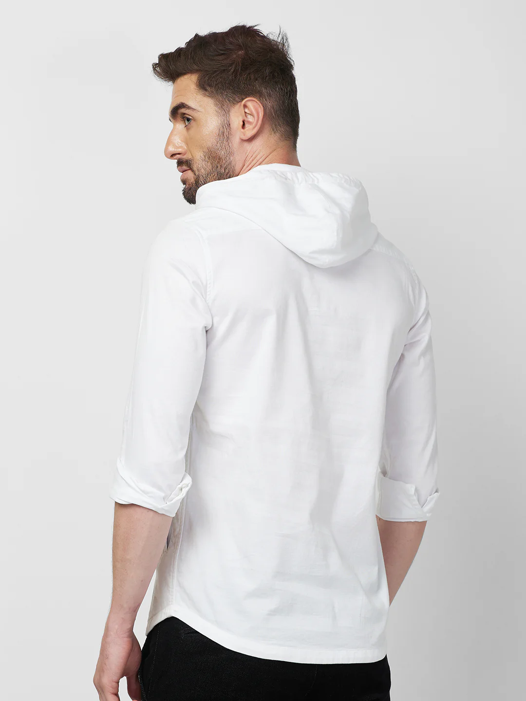 Full sleeves Slim Fit White Kurta Placket Hoodie Solid Shirt - Image 5