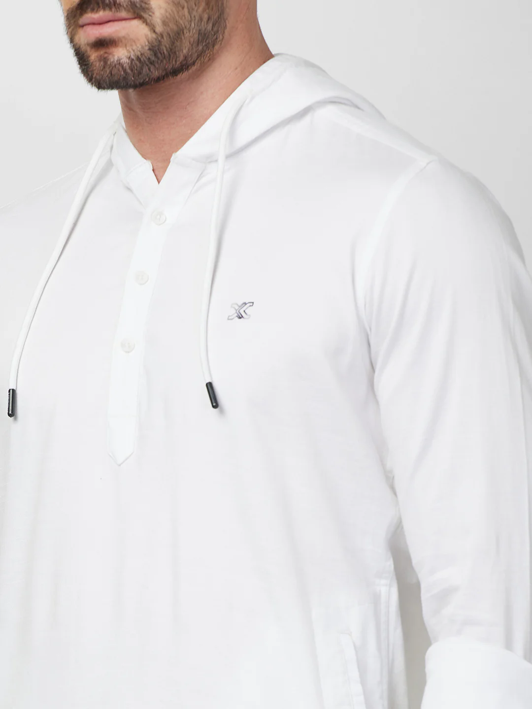 Full sleeves Slim Fit White Kurta Placket Hoodie Solid Shirt - Image 6
