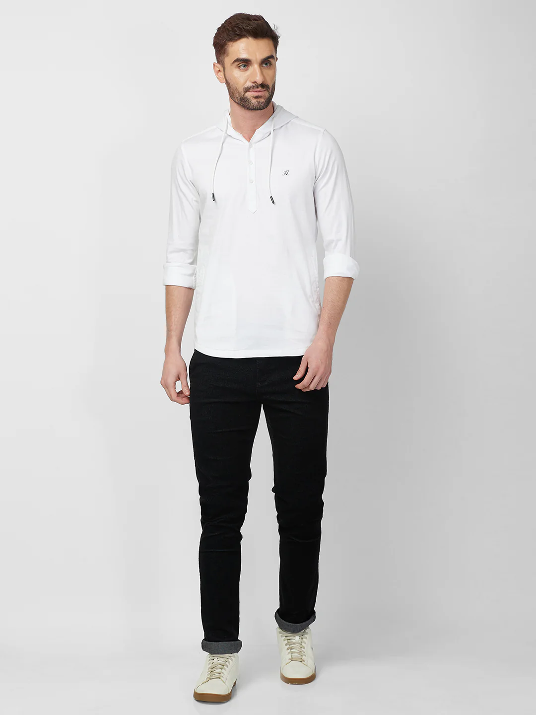 Full sleeves Slim Fit White Kurta Placket Hoodie Solid Shirt - Image 7
