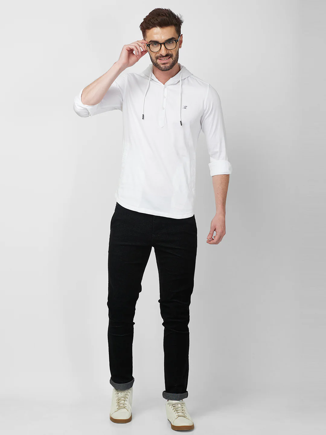Full sleeves Slim Fit White Kurta Placket Hoodie Solid Shirt - Image 8
