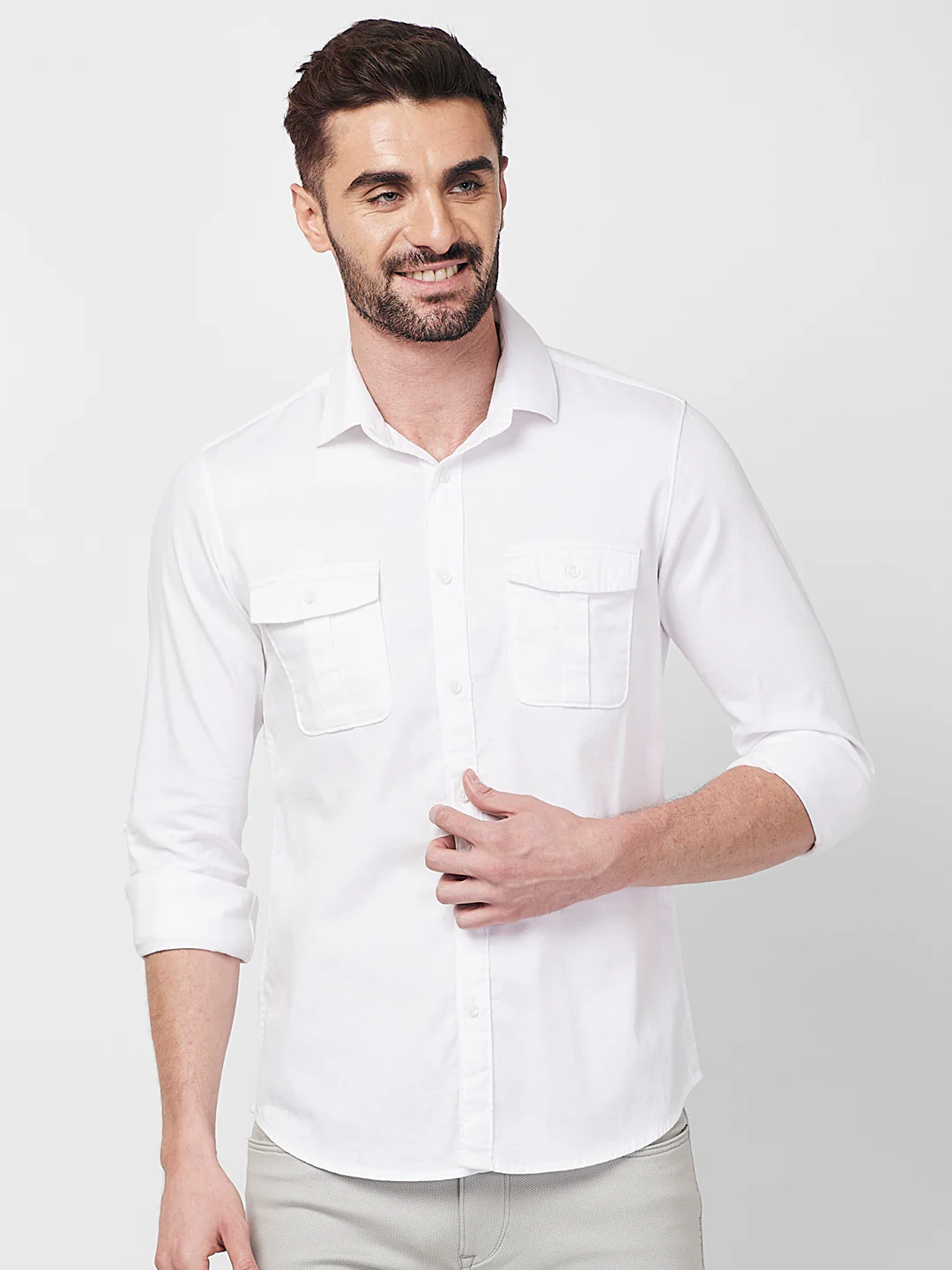 Full sleeves Slim Fit White Double Pocket Solid Shirt - Image 3