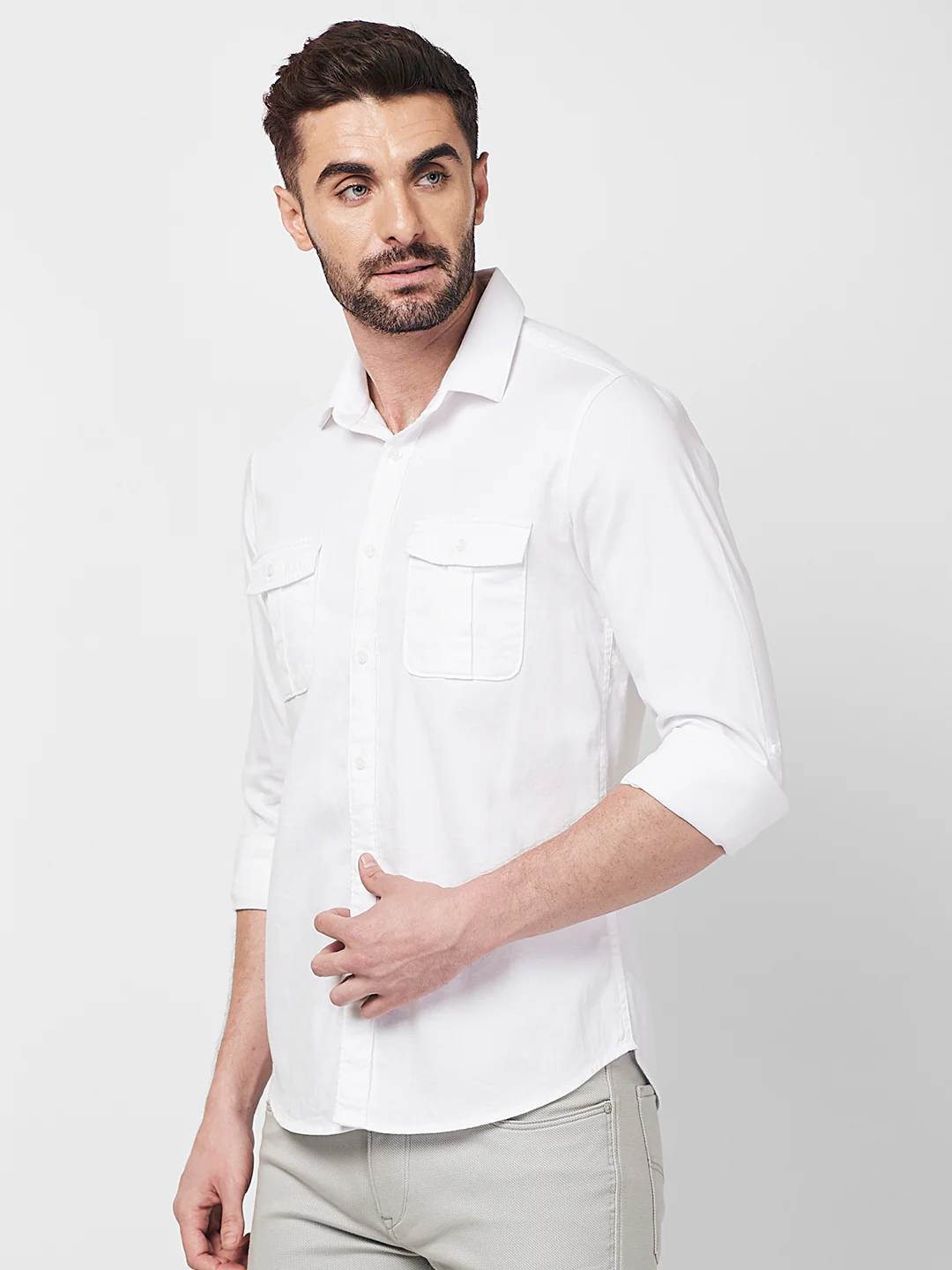 Full sleeves Slim Fit White Double Pocket Solid Shirt - Image 4