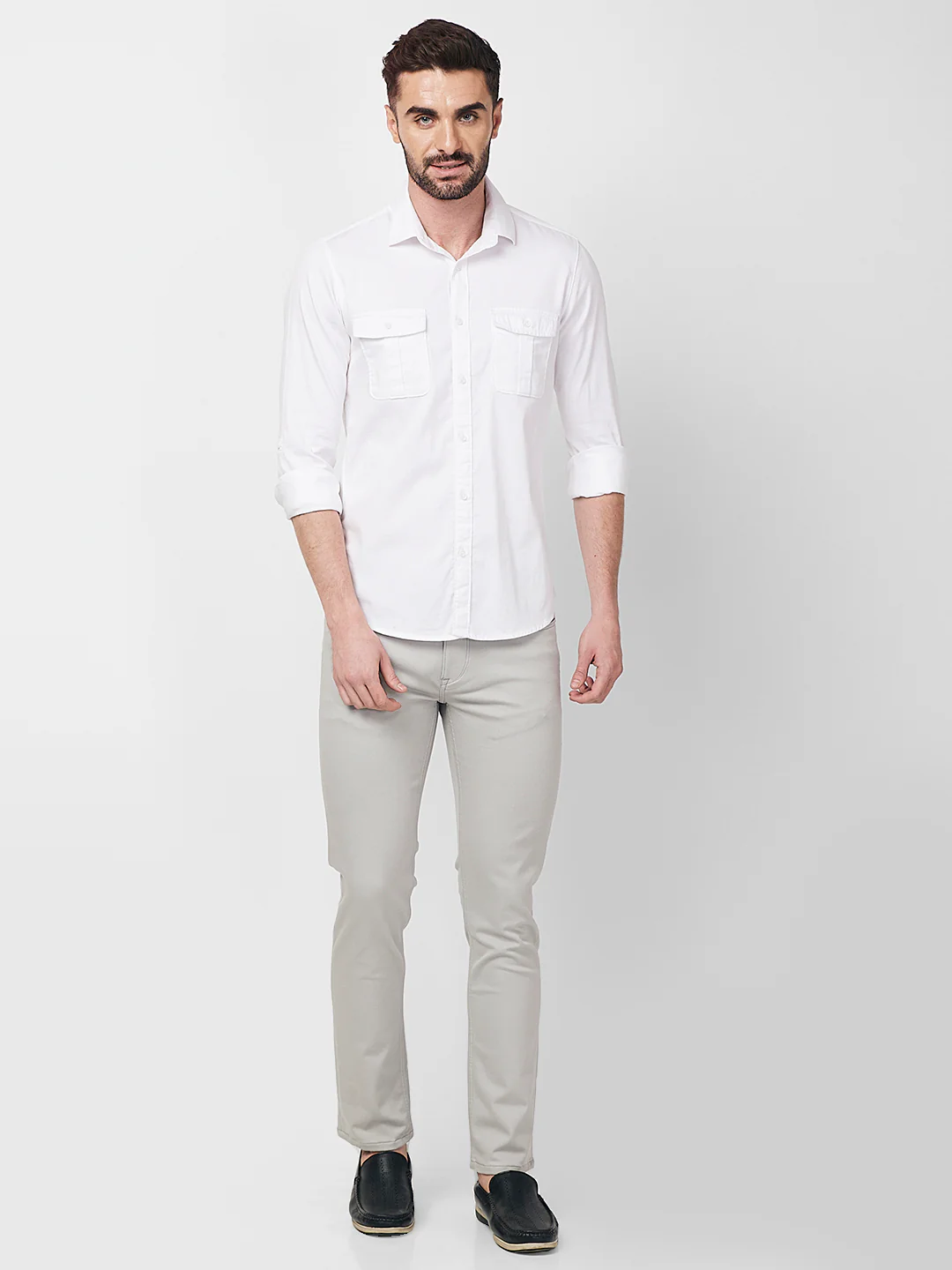 Full sleeves Slim Fit White Double Pocket Solid Shirt - Image 7