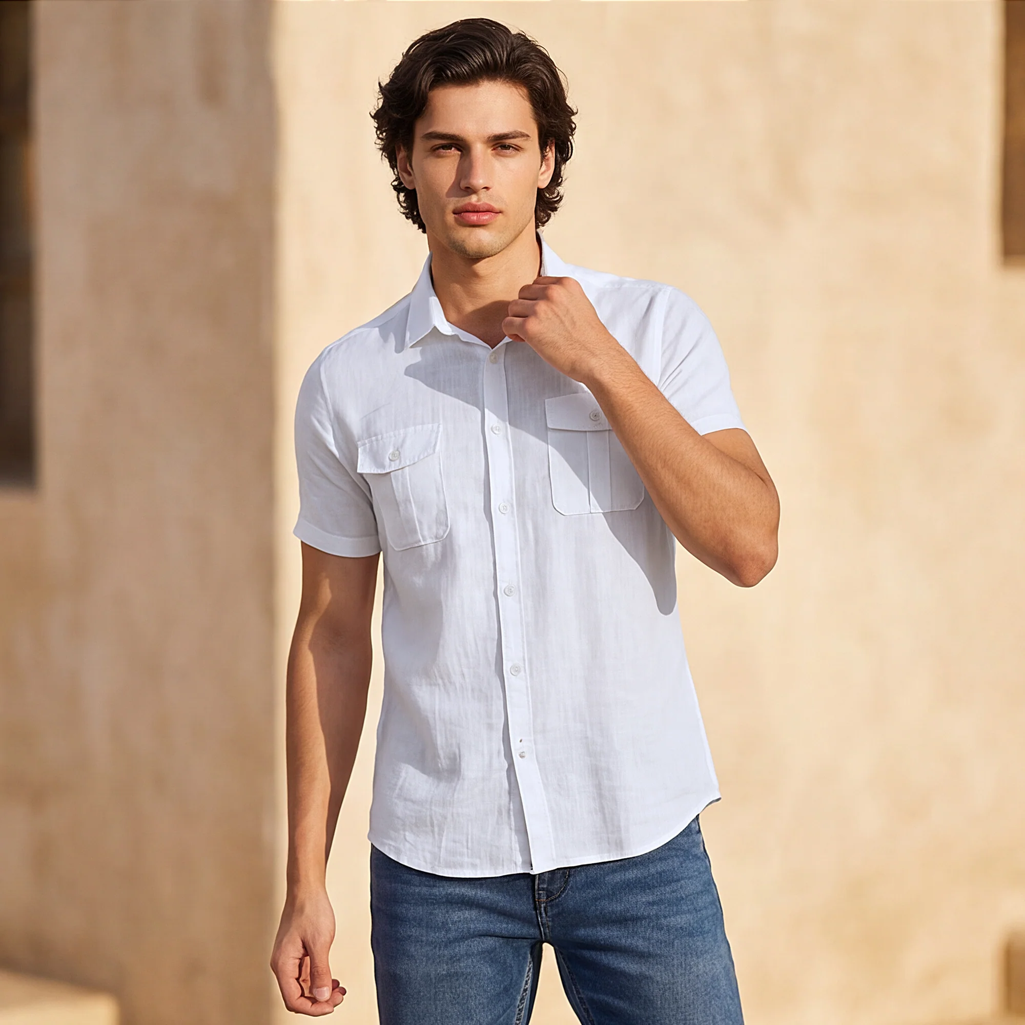 Short sleeves Slim Fit White Double Pocket Solid Crepe Shirt - Image 2
