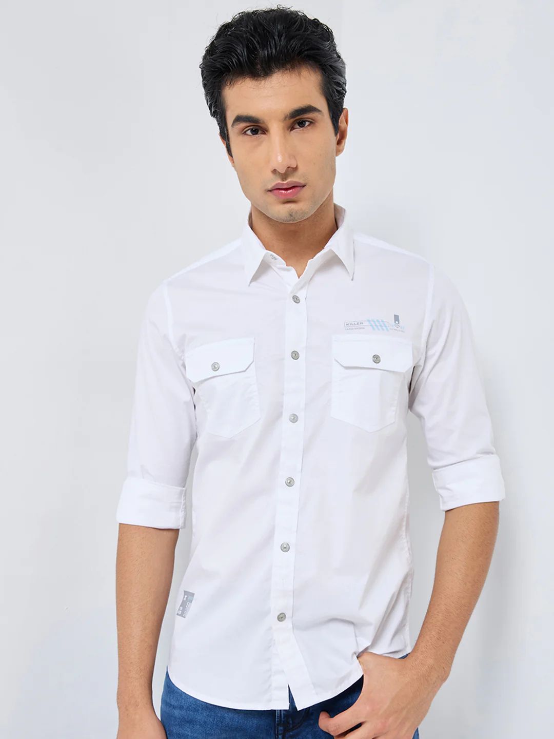 Full sleeves Slim Fit White Double Pocket Solid Shirt - Image 3
