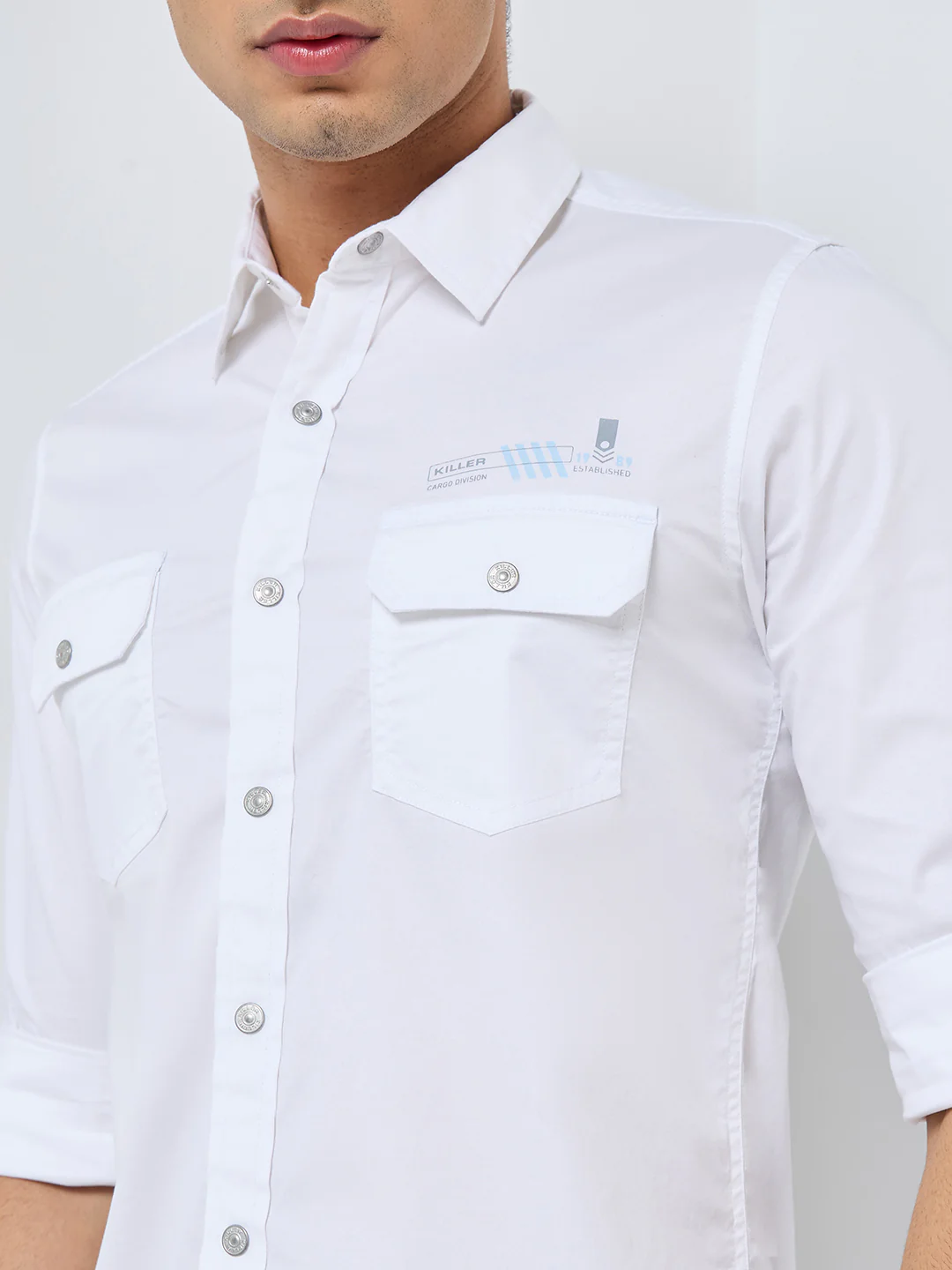 Full sleeves Slim Fit White Double Pocket Solid Shirt - Image 7