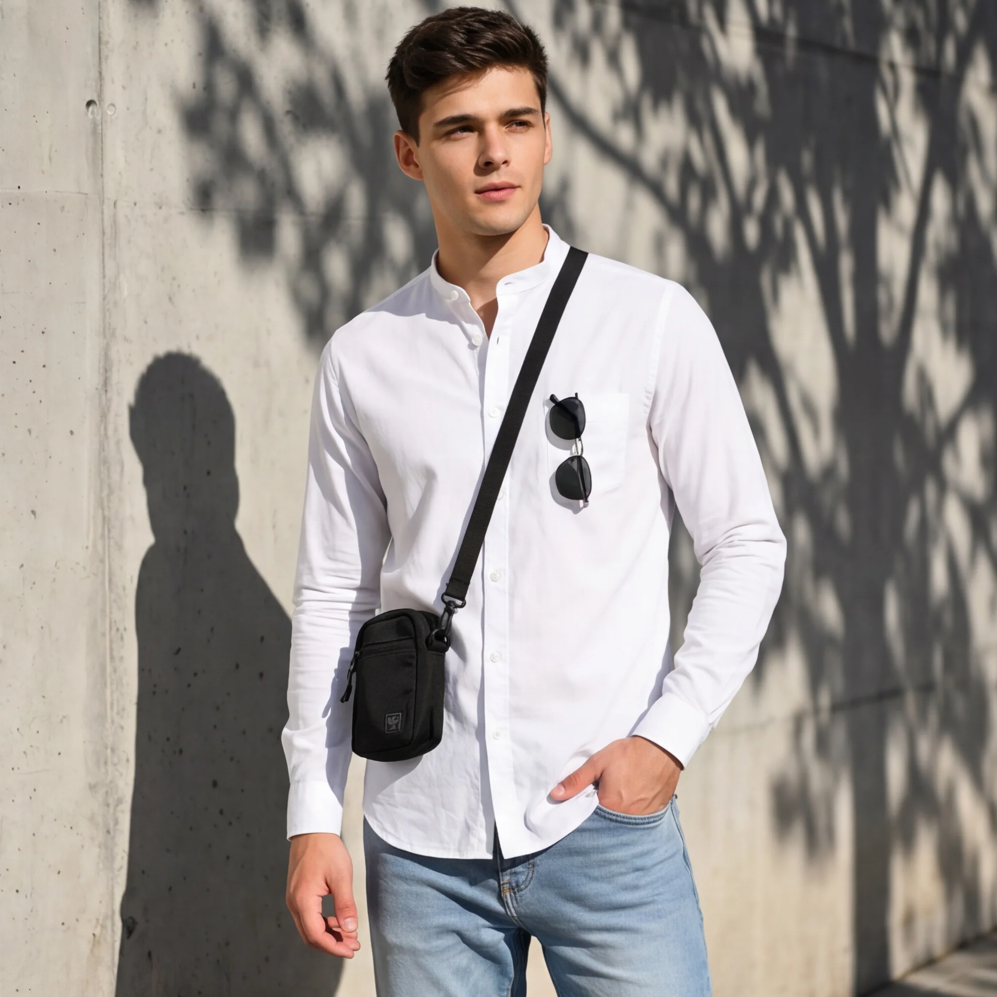 Full Sleeves Slim Fit White Dobby Structure Mandarine Collar Solid Shirt - Image 2