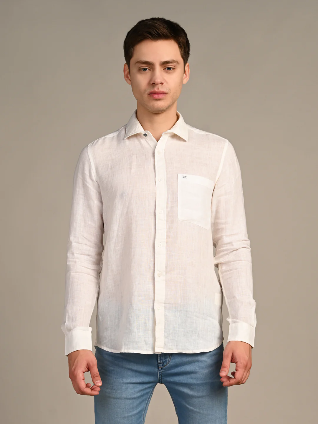 Full sleeves Slim Fit White Pure Linen Solid Shirt - Image 4