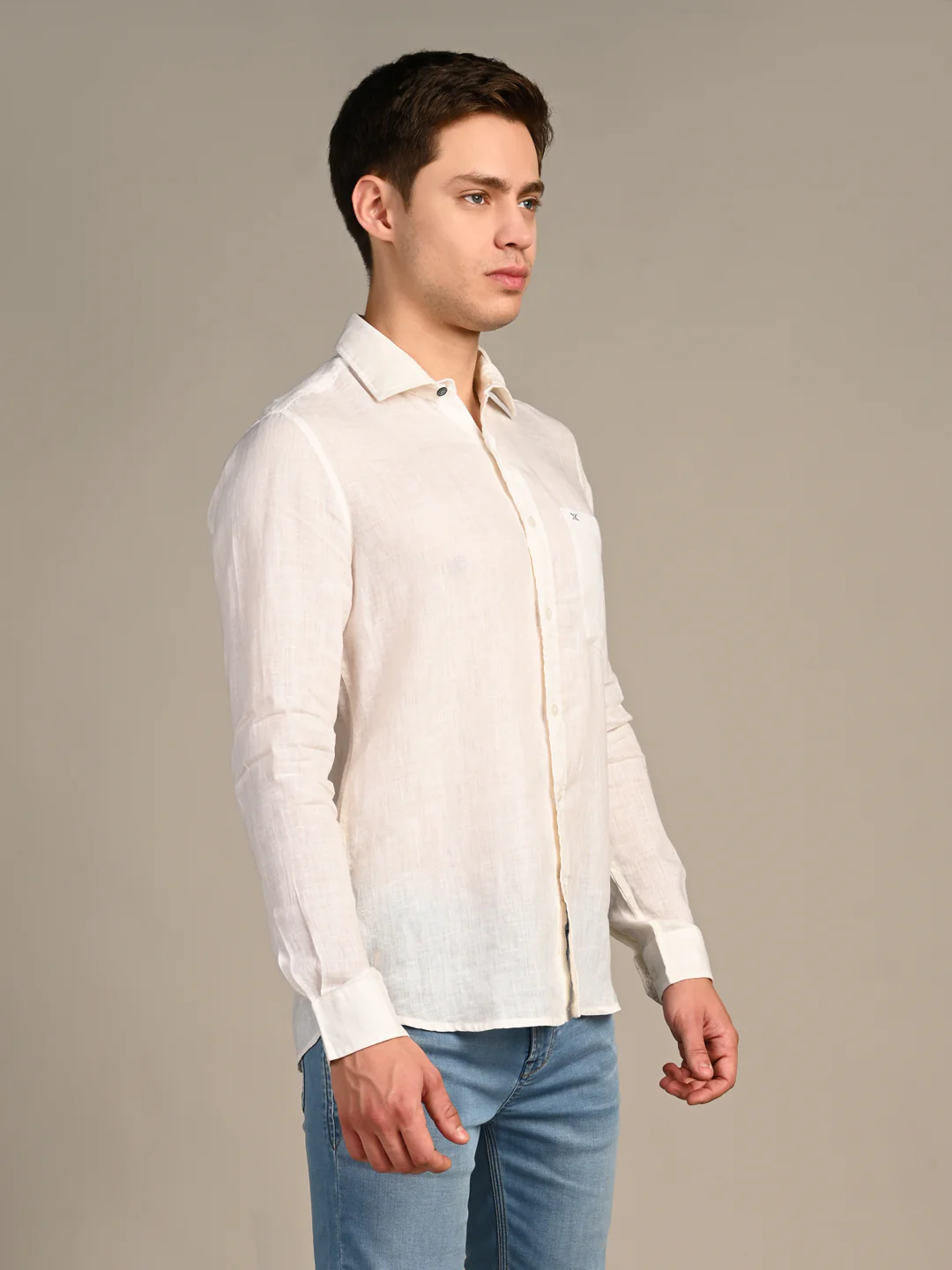 Full sleeves Slim Fit White Pure Linen Solid Shirt - Image 6