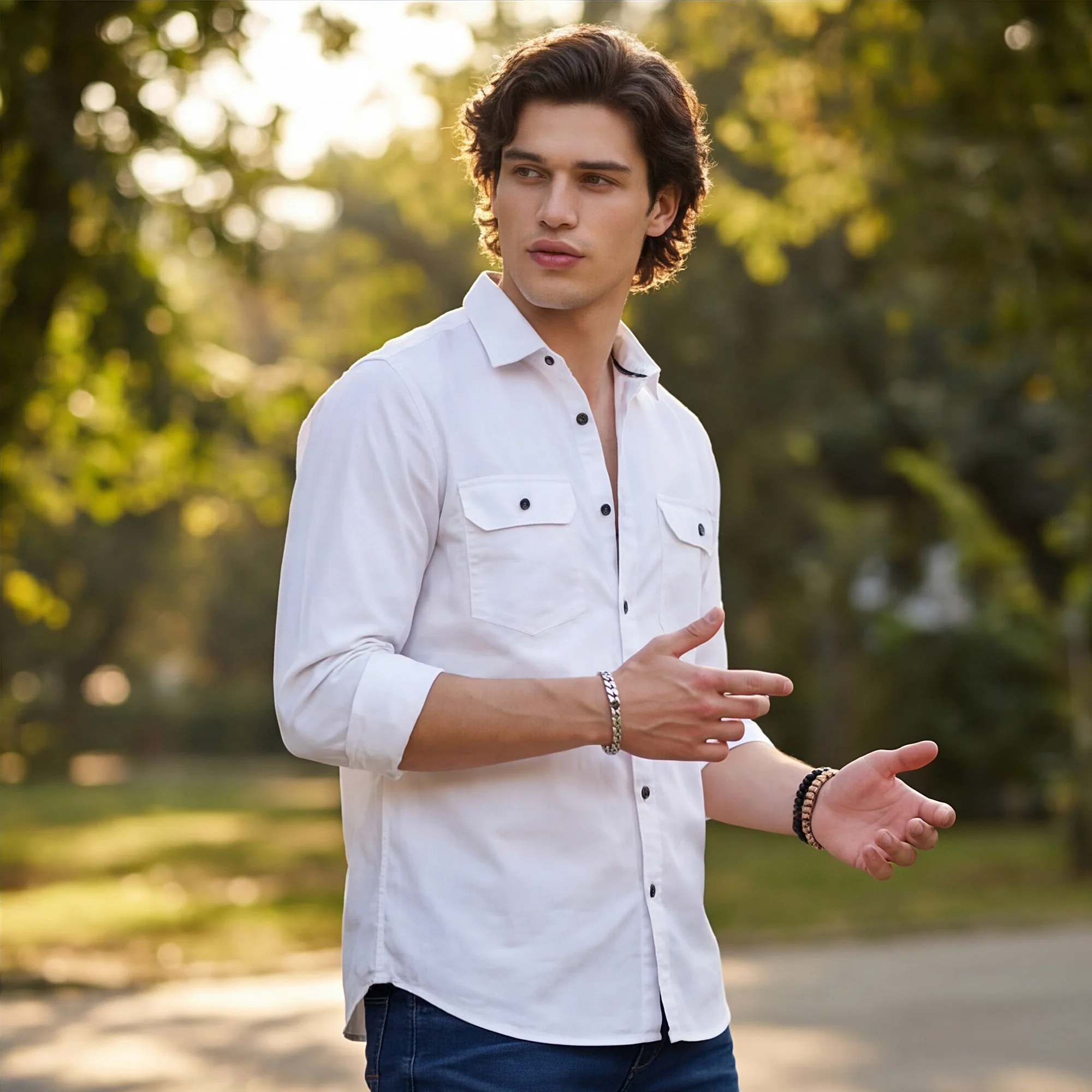 Full Sleeves Straight Fit White Double Pocket Solid Shirt - Image 2