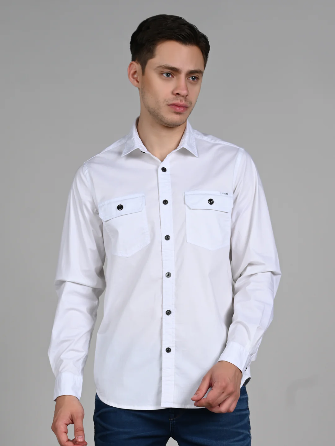 Full Sleeves Straight Fit White Double Pocket Solid Shirt - Image 4