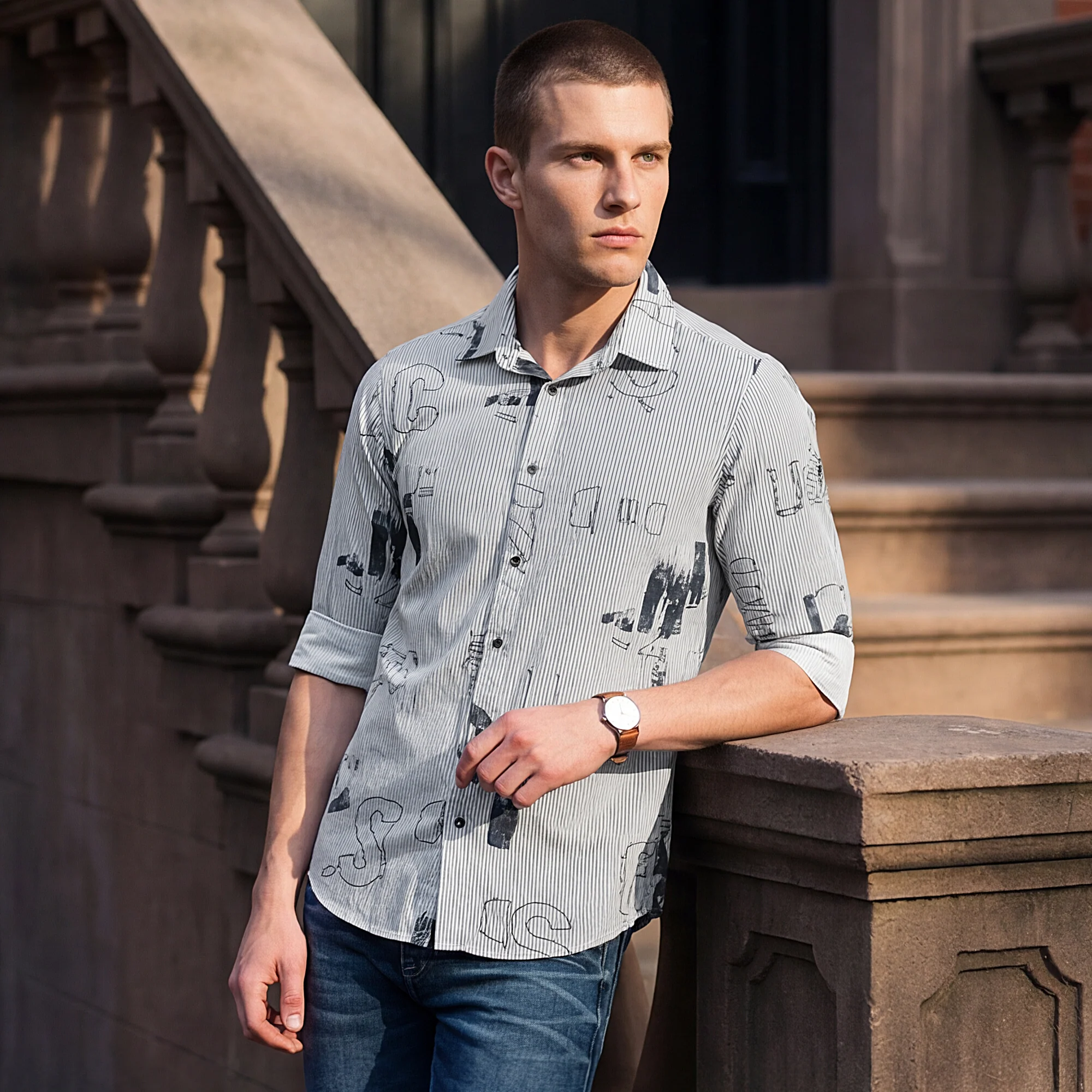 Full Sleeves Slim Fit Abstract Typographic Scribble Print with Pinstripes Shirt - Image 2