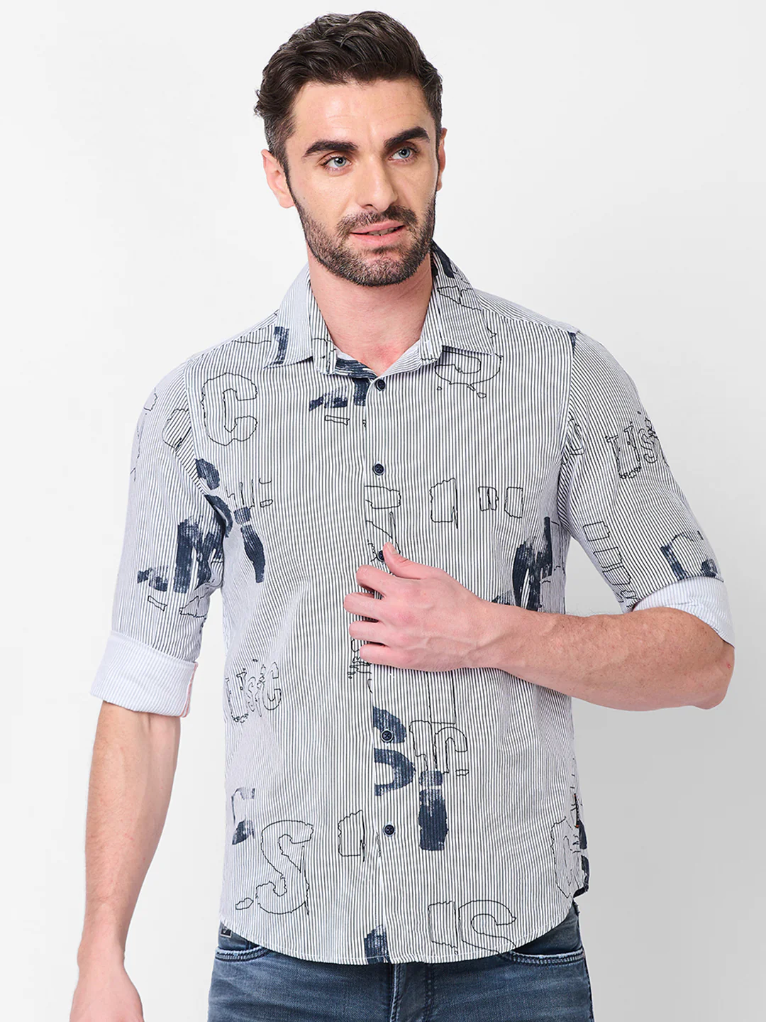 Full Sleeves Slim Fit Abstract Typographic Scribble Print with Pinstripes Shirt - Image 3