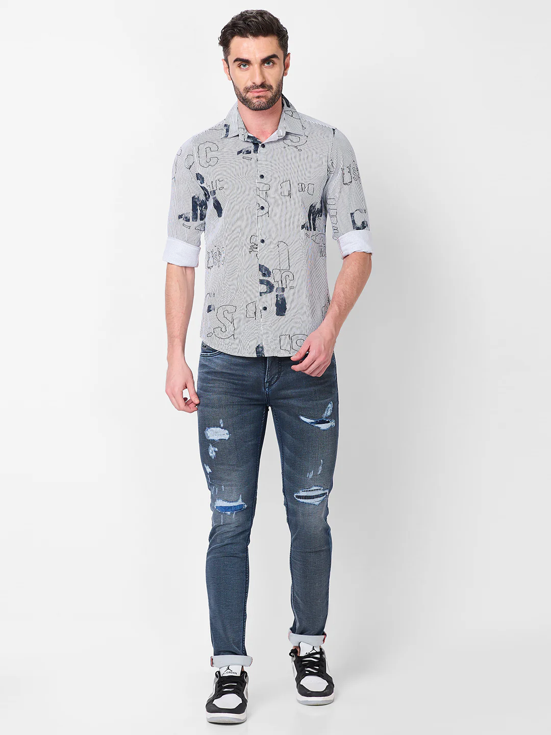 Full Sleeves Slim Fit Abstract Typographic Scribble Print with Pinstripes Shirt - Image 4